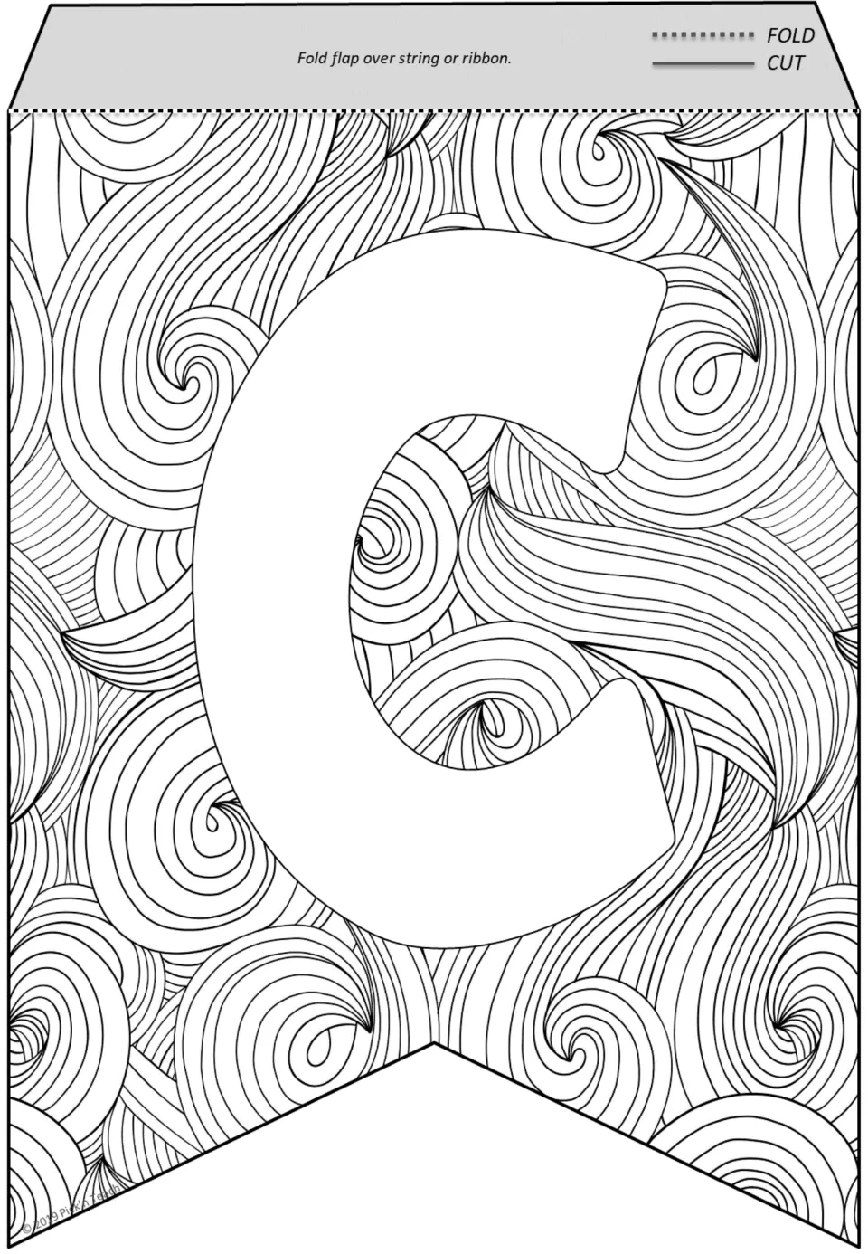 Letter C flag for coloring: a big C surrounded by flowing wave-like curls, with fold and cut guides at the top