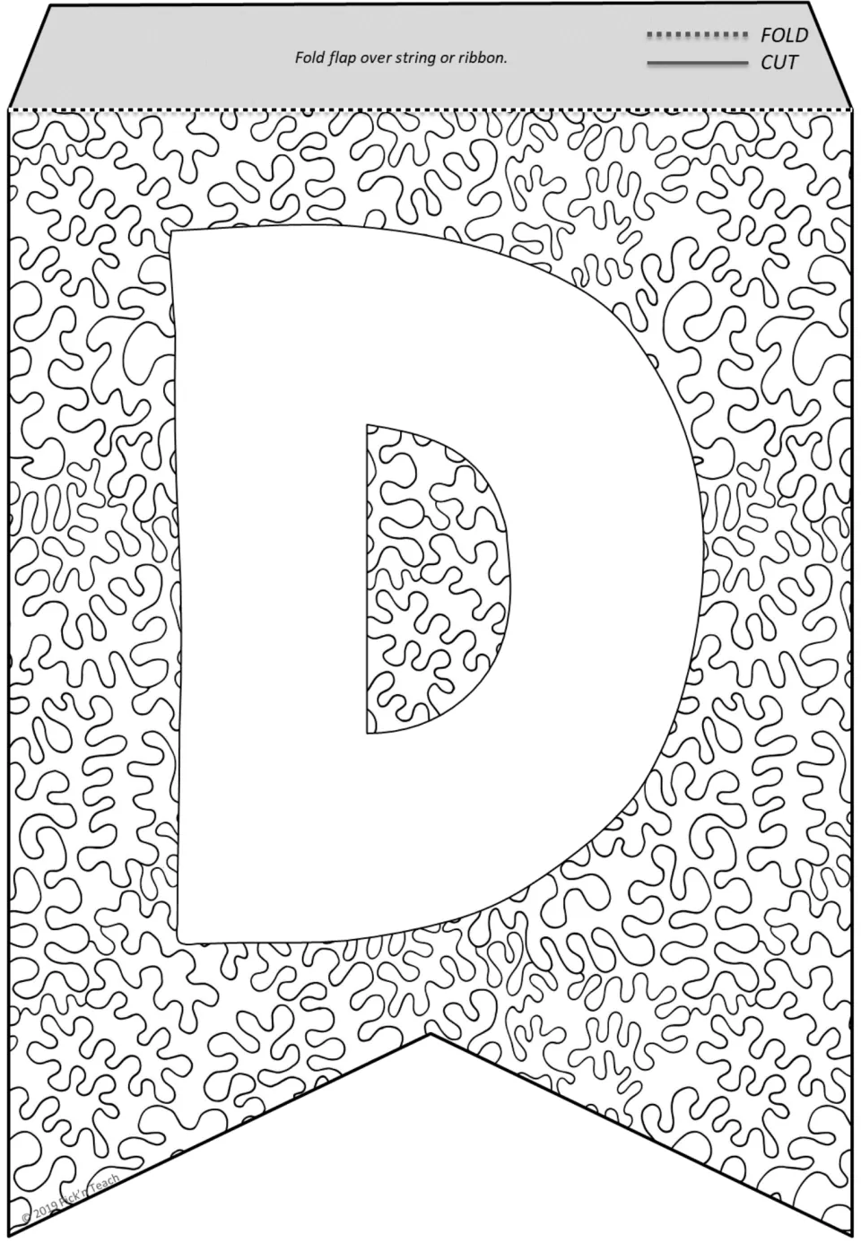 Letter D bunting flag: students color an outlined D on a dense background of squiggly, wiggly blob shapes