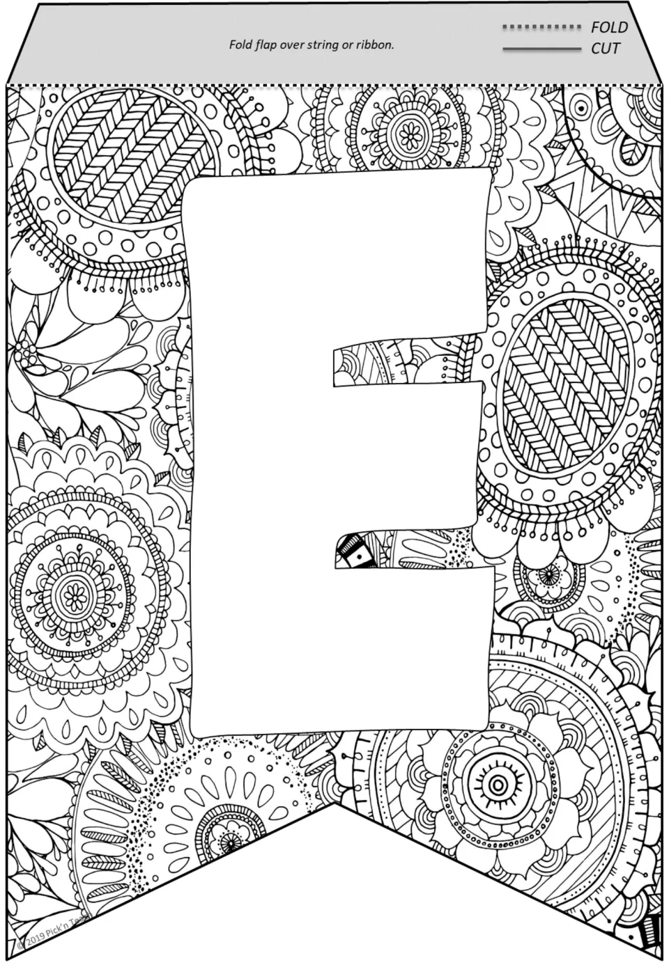 Letter E pennant featuring detailed mandala-style flowers, dotted rings and leaf shapes around a plain E to color