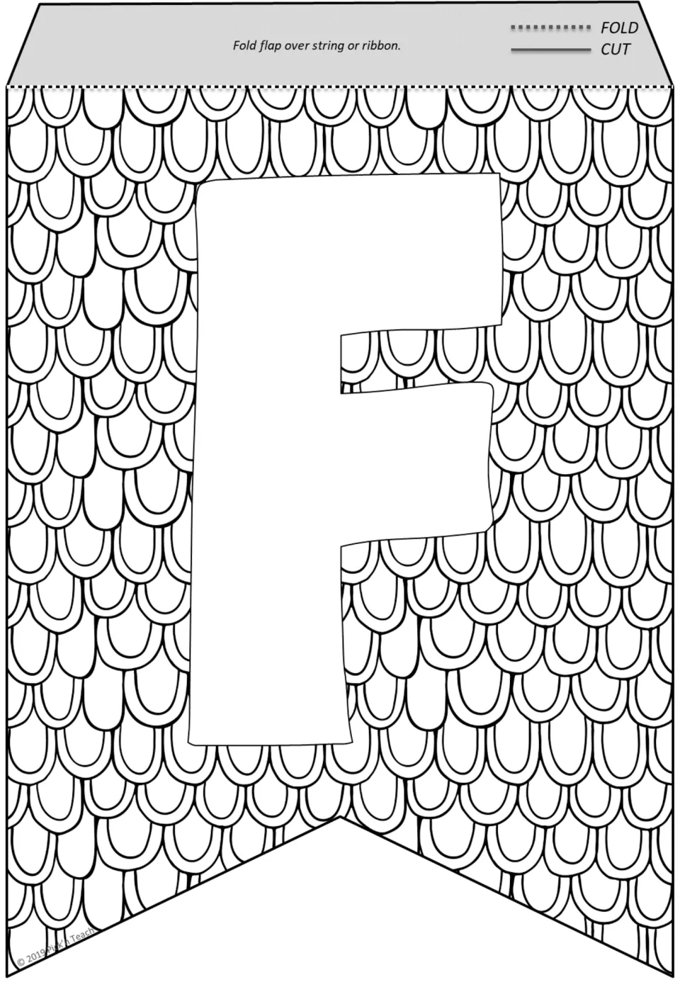 Letter F banner flag: an outlined F on rows of overlapping scallops, like fish scales, ready to color, cut and hang