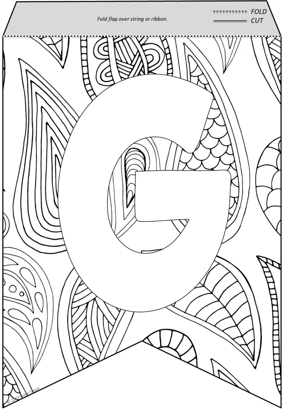 Letter G pennant to color: a large G among paisley teardrops, leaves and striped doodle shapes, with a fold flap