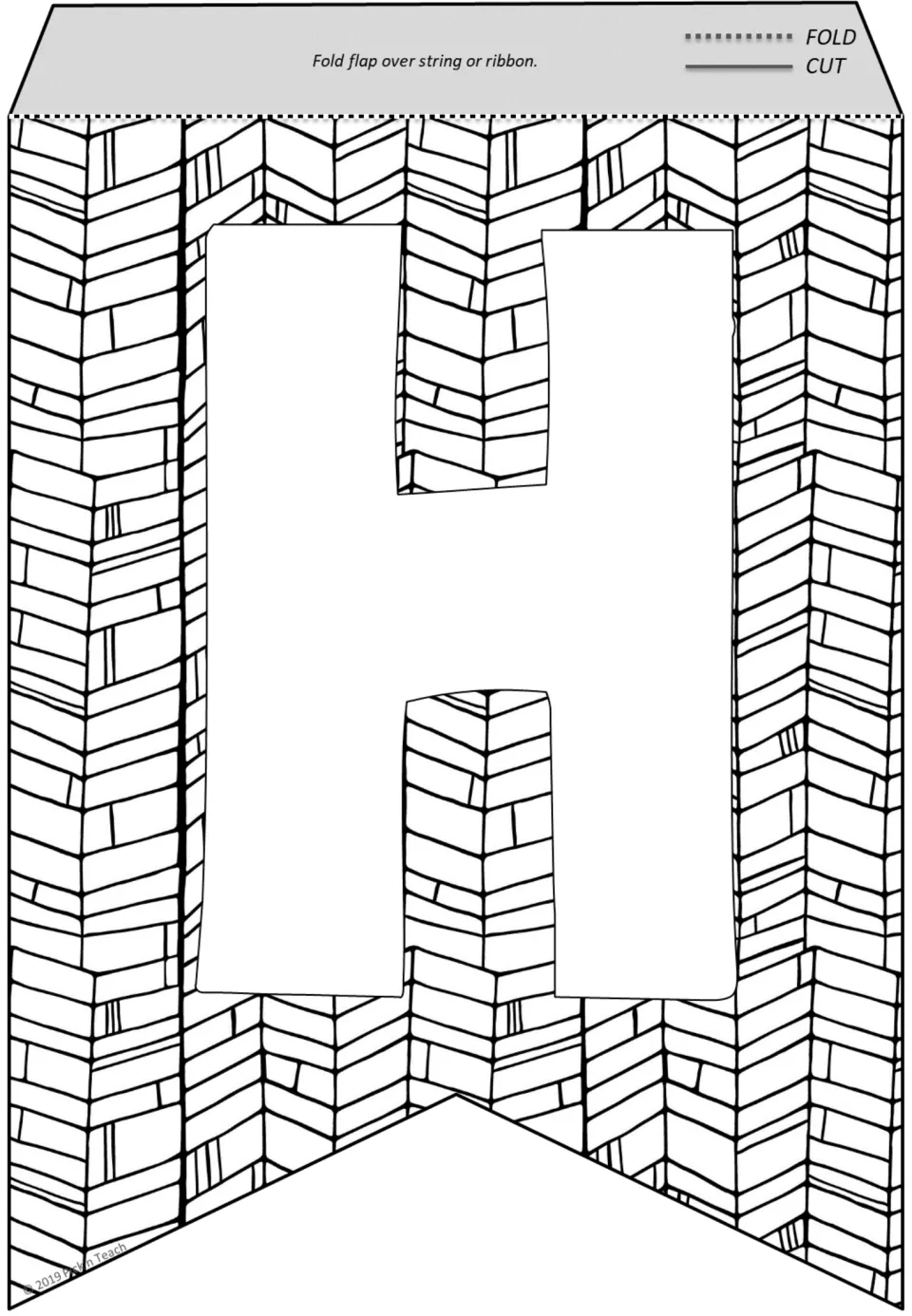 Letter H flag for coloring: a bold H set against a herringbone, brick-like zigzag pattern, with cut and fold guides