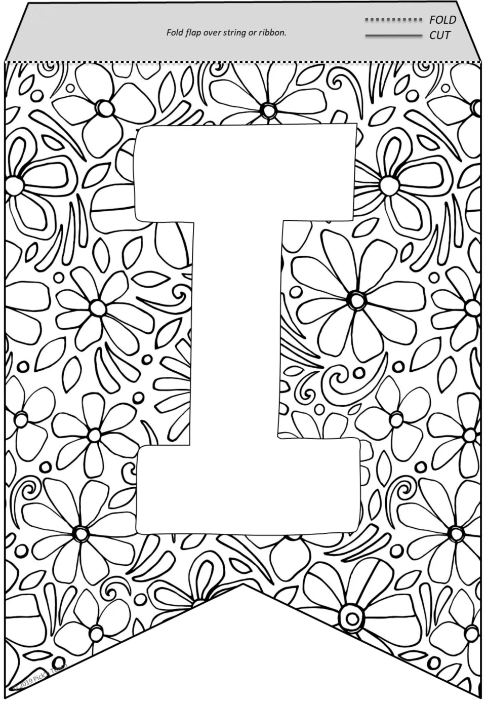 Letter I bunting pennant: students color a block I surrounded by five-petal flowers, leaves and small curls
