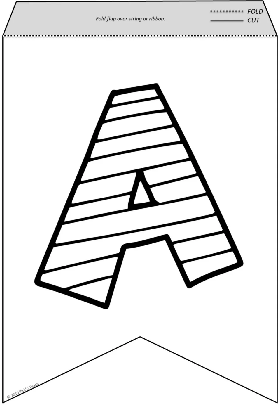 Letter A pennant to color: a bold A filled with horizontal stripes, plus a fold flap for hanging on string or ribbon