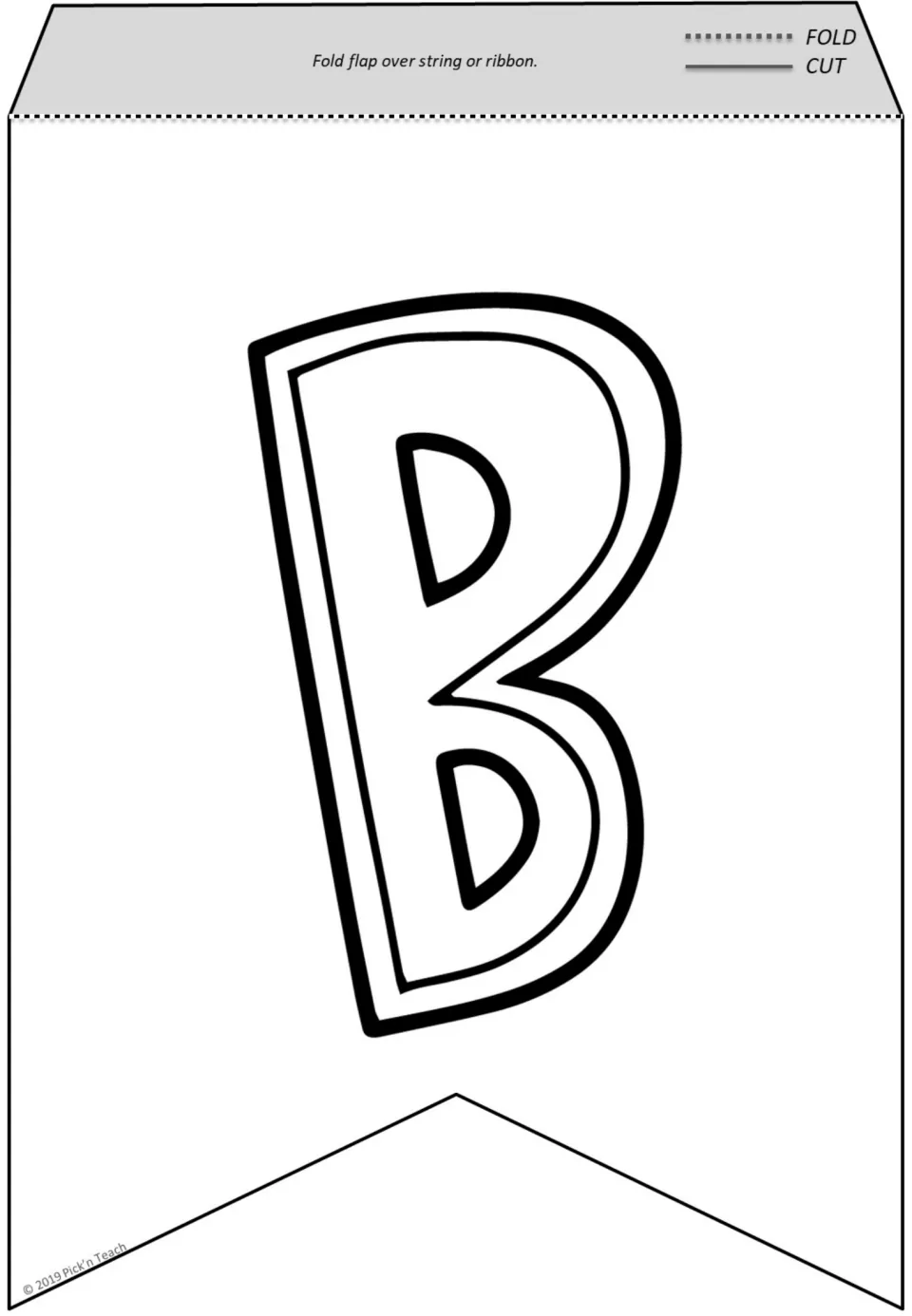 Letter B pennant to color: a double-outlined bubble B with a top flap to fold over string or ribbon before hanging