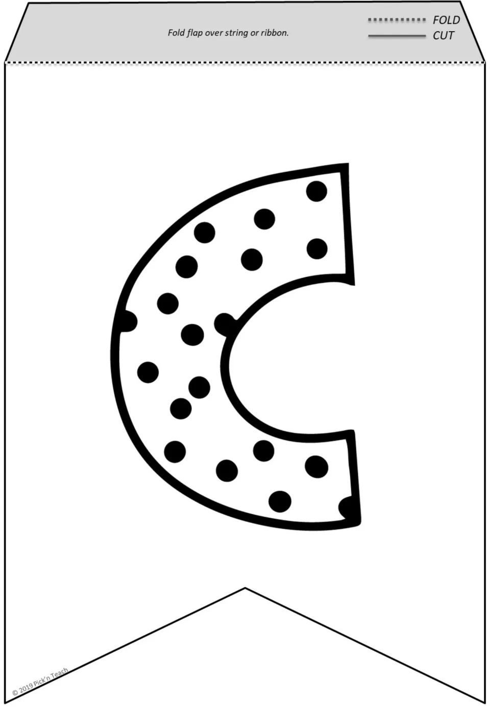 Letter C pennant to color: a curved C covered in black polka dots, cut out on the solid edge and folded at the dotted edge