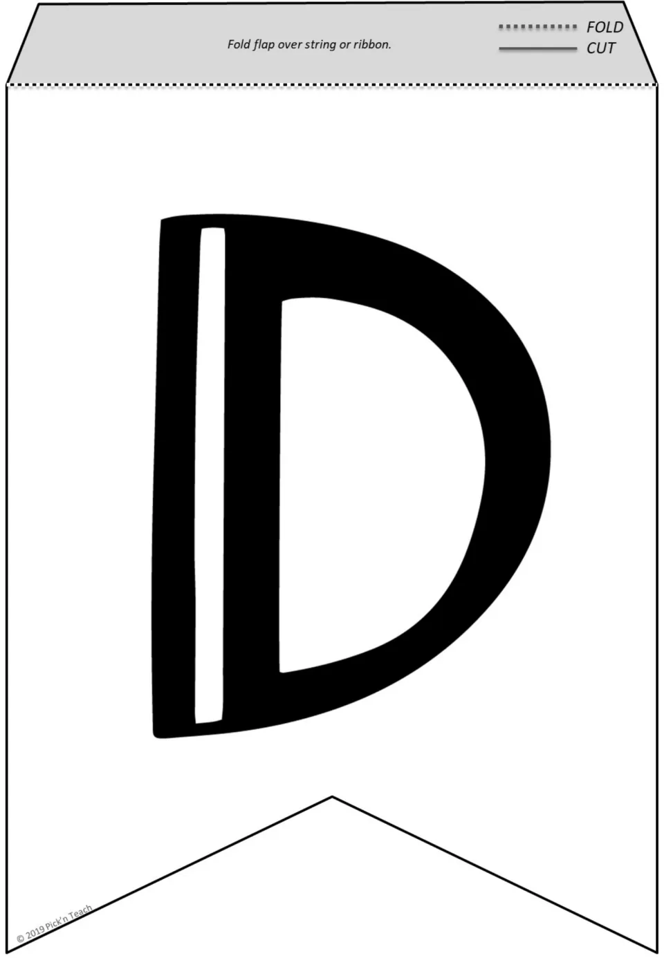 Letter D pennant to color: a solid black D with one white inner stripe, ready to cut out and fold over string