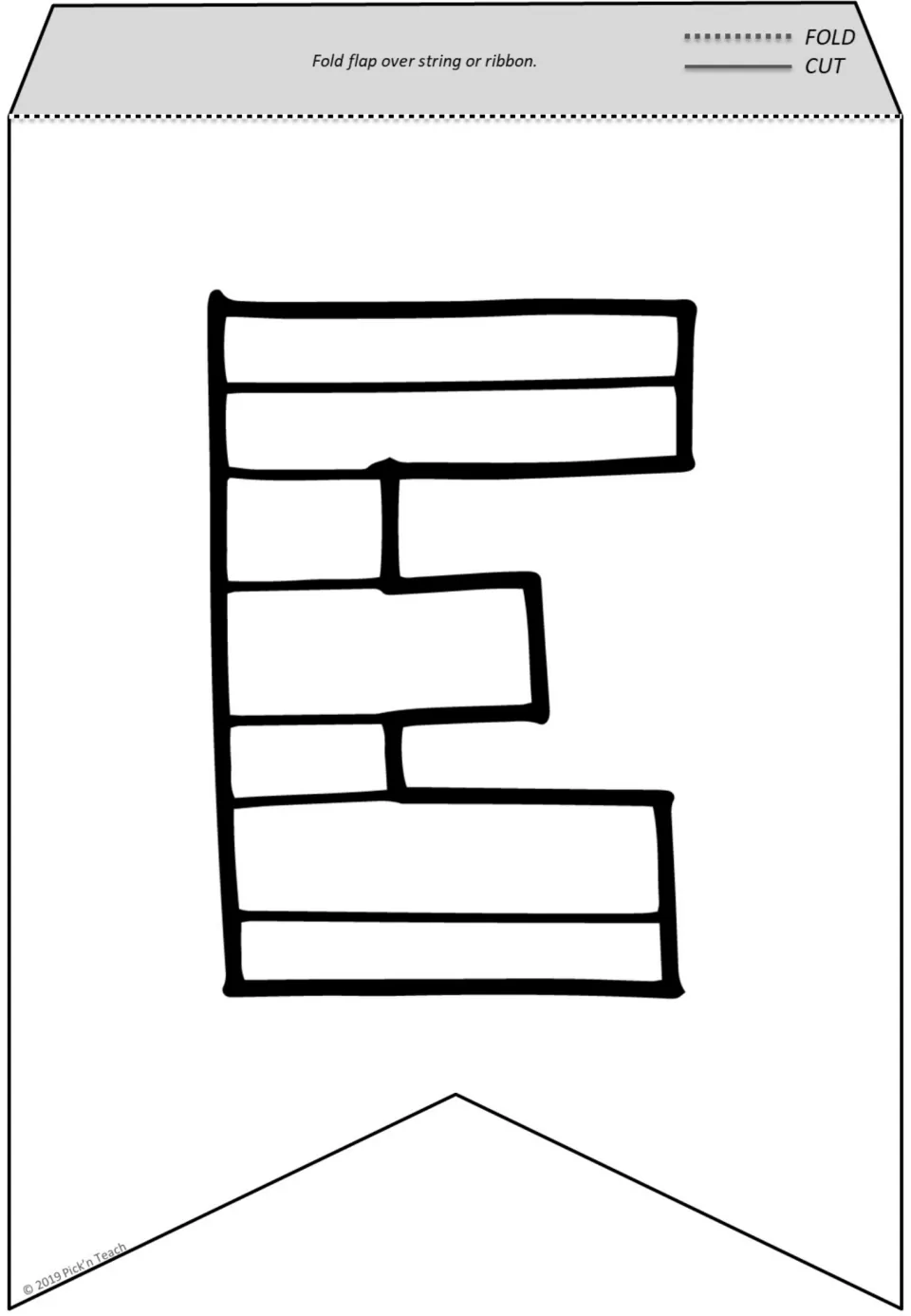 Letter E pennant to color: an E split into brick-like sections, with a top flap to fold over string or ribbon