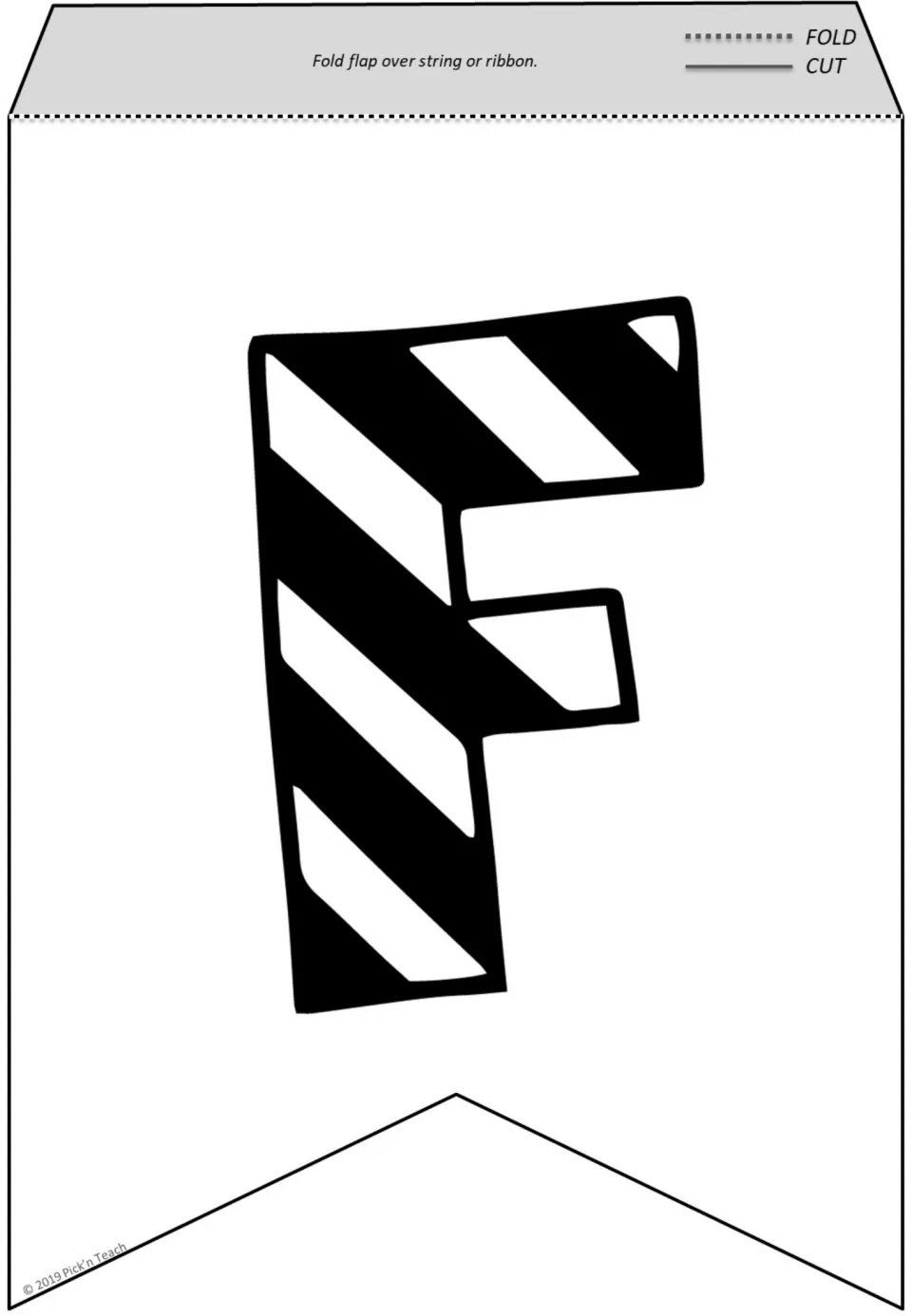 Letter F pennant to color: a black F with bold white diagonal stripes, to cut out and fold over a ribbon