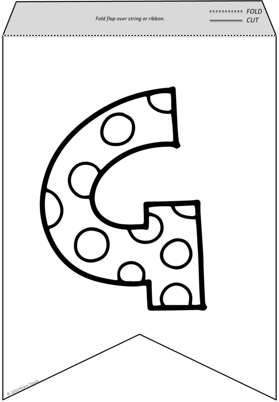 Letter G pennant to color: an outlined G decorated with open circles to fill in, plus a fold flap for stringing it up