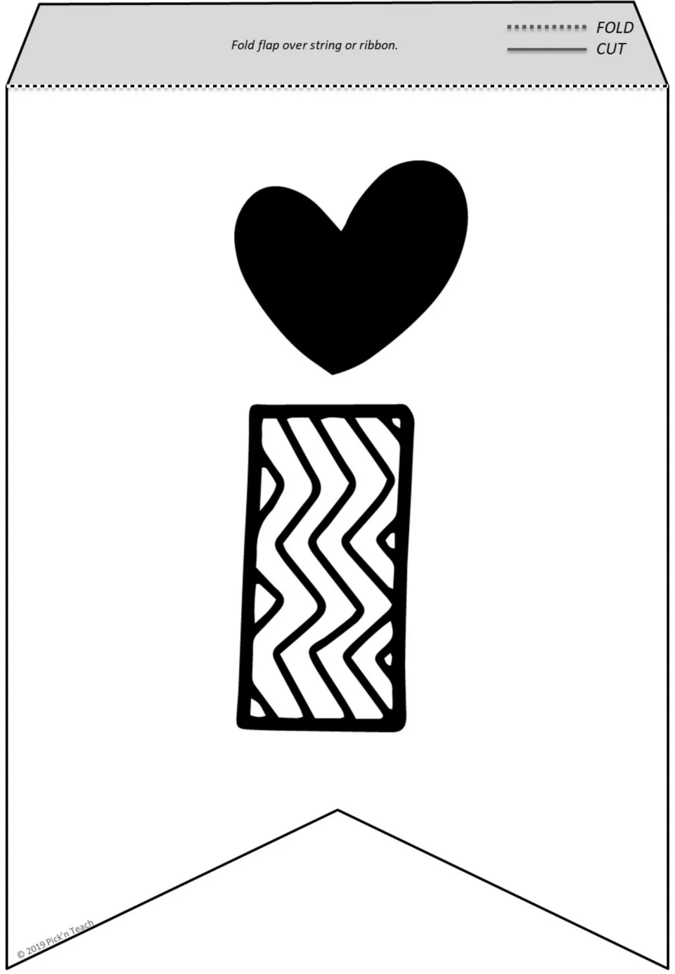 Letter I pennant to color: a lowercase i with a black heart as its dot and a zigzag-patterned stem, to hang on ribbon
