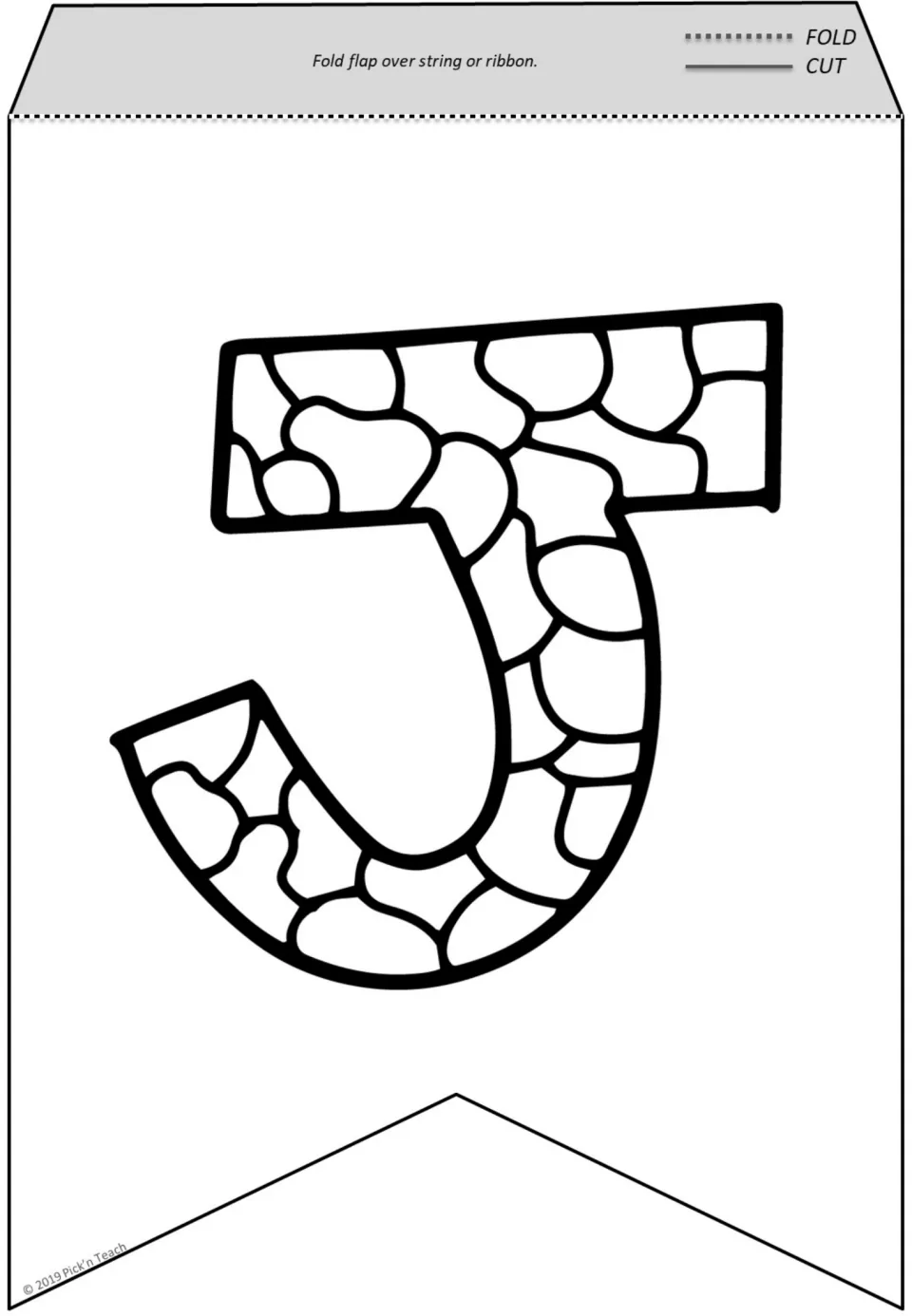 Letter J pennant to color: a J filled with a cobblestone pattern of rounded shapes, with a top flap to fold over string