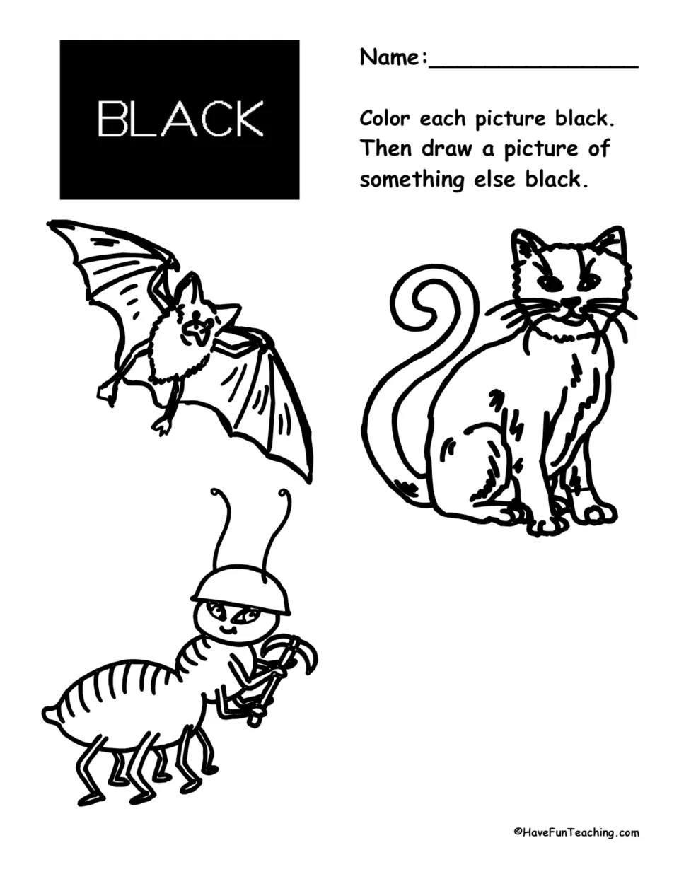 Color word black: students color a bat, a sitting cat and an ant with a pickaxe, then draw one more thing that color