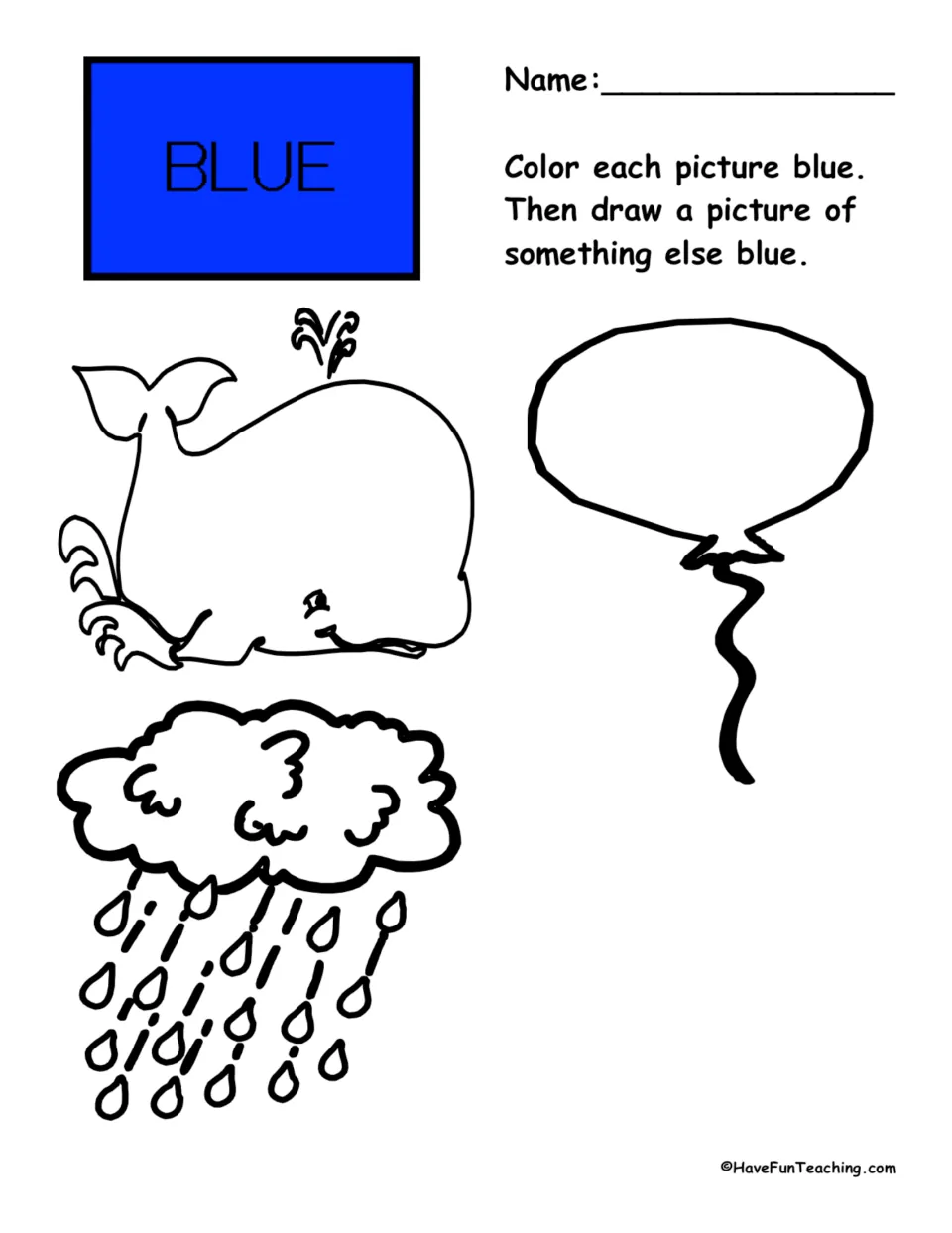 Color recognition: students shade a whale, balloon and rain cloud blue, then draw one more item in the same hue