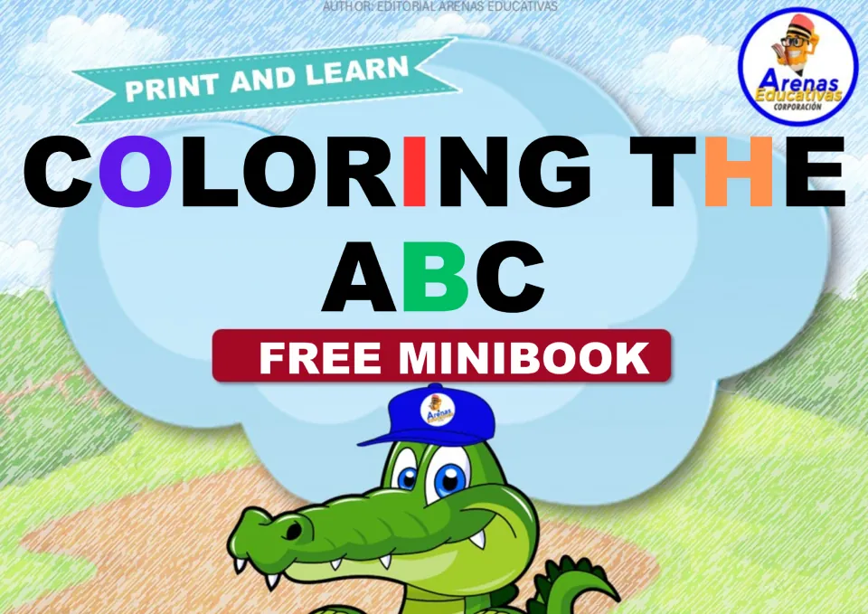 Coloring the ABC free minibook cover from Arenas Educativas: Print and Learn title with a cartoon alligator in a blue cap