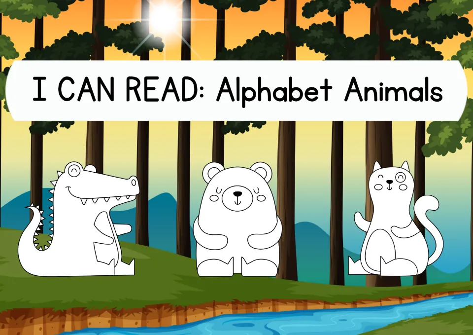 I Can Read: Alphabet Animals title page showing outline drawings of an alligator, a bear and a cat for students to color