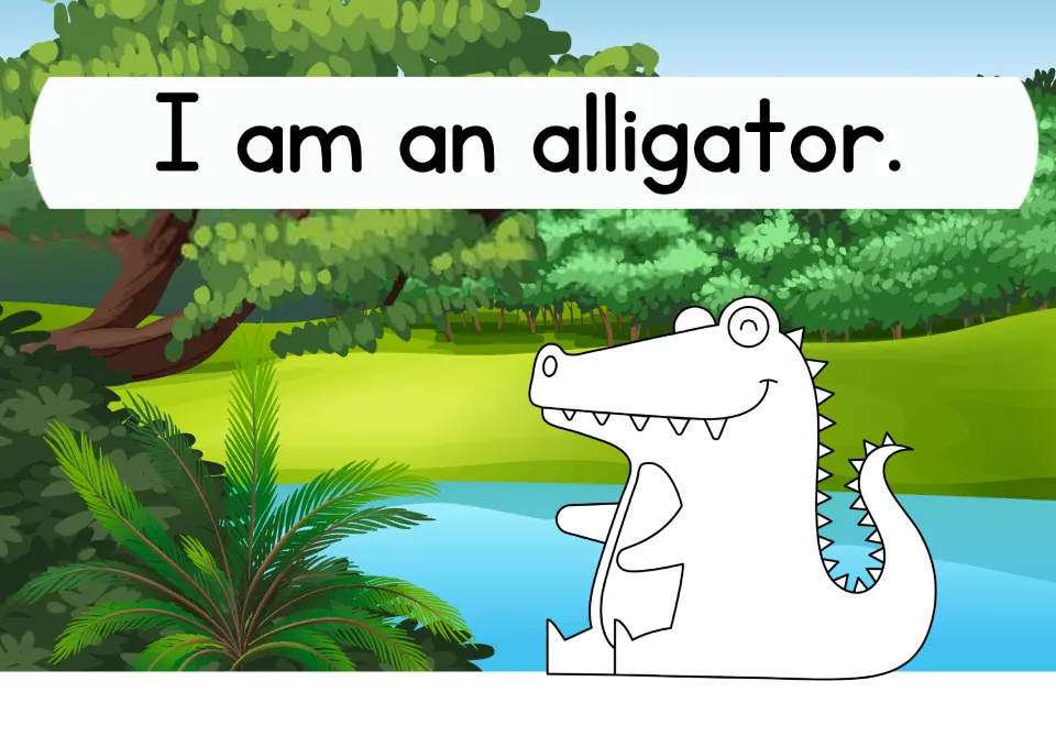 Letter A animal: students read the sentence I am an alligator and color the outlined smiling alligator beside a river