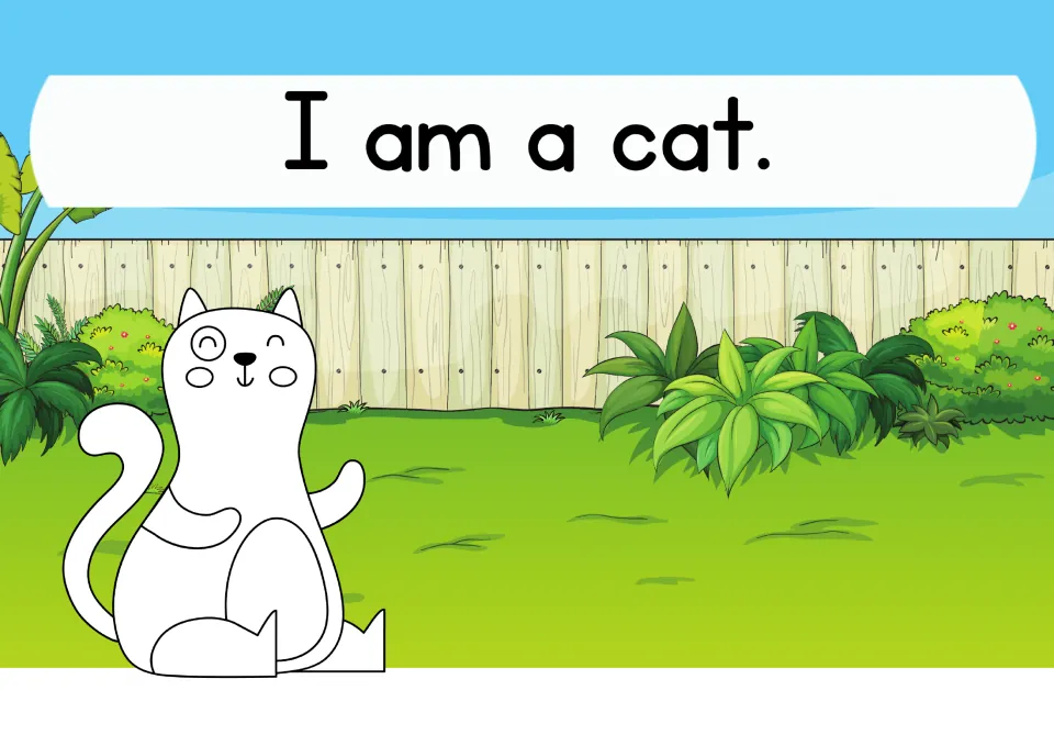 Letter C animal: students read the sentence I am a cat and color the outline of a waving cat in a fenced backyard