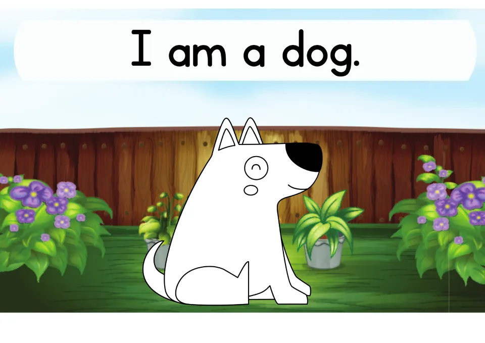 Letter D animal: students read the sentence I am a dog and color the outline of a sitting dog among potted flowers