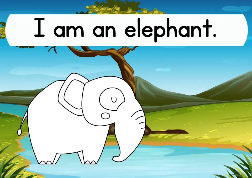 Letter E animal: students read the sentence I am an elephant and color the outlined elephant standing by a waterhole