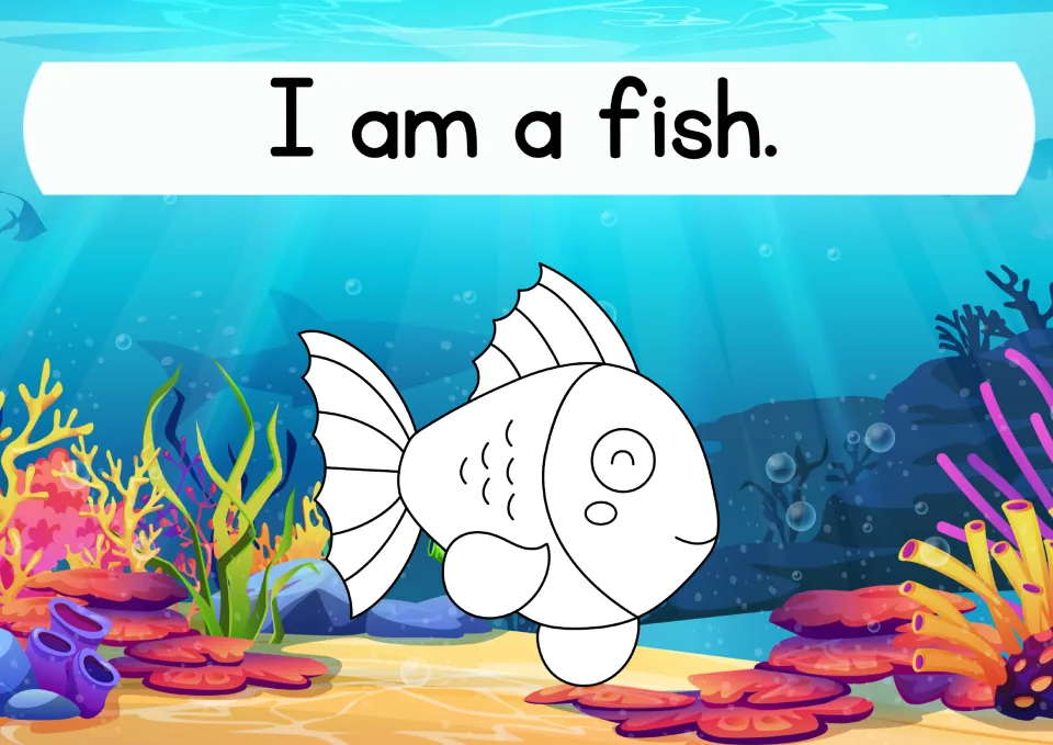 Letter F animal: students read the sentence I am a fish and color the outline of a smiling fish swimming over a reef