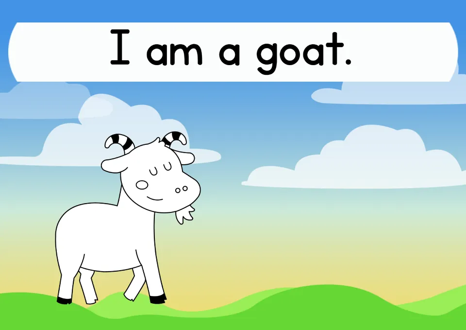Letter G animal: students read the sentence I am a goat and color the outline of a horned goat on a grassy hill