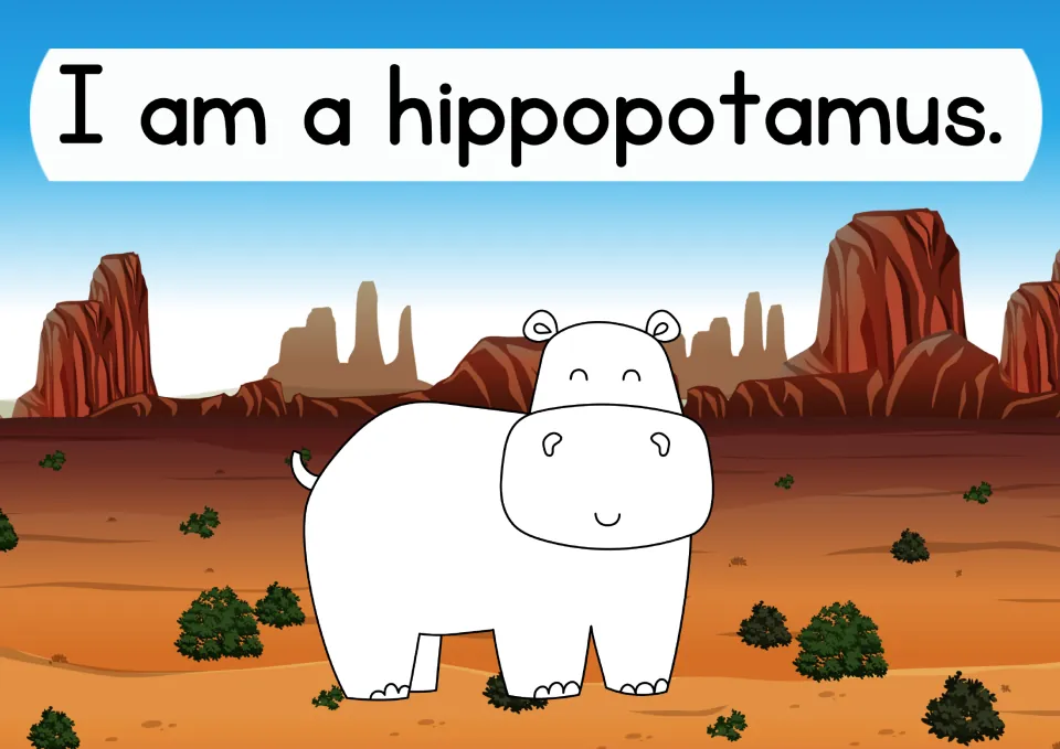 Letter H animal: students read the sentence I am a hippopotamus and color the outlined hippo in a red rock desert