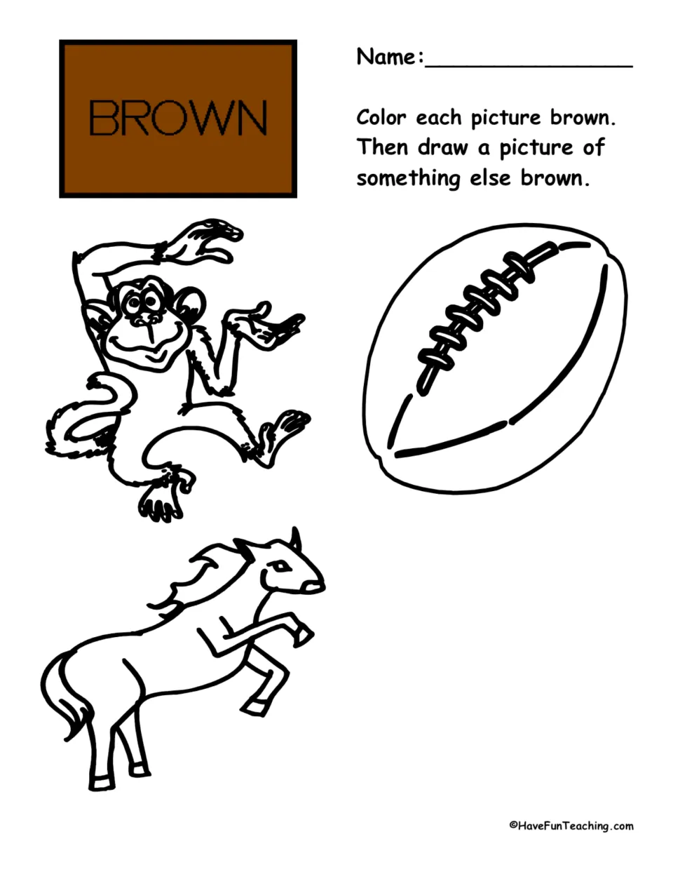 Learning brown: students fill in a monkey, a football and a horse with crayon, then draw one more object of that shade