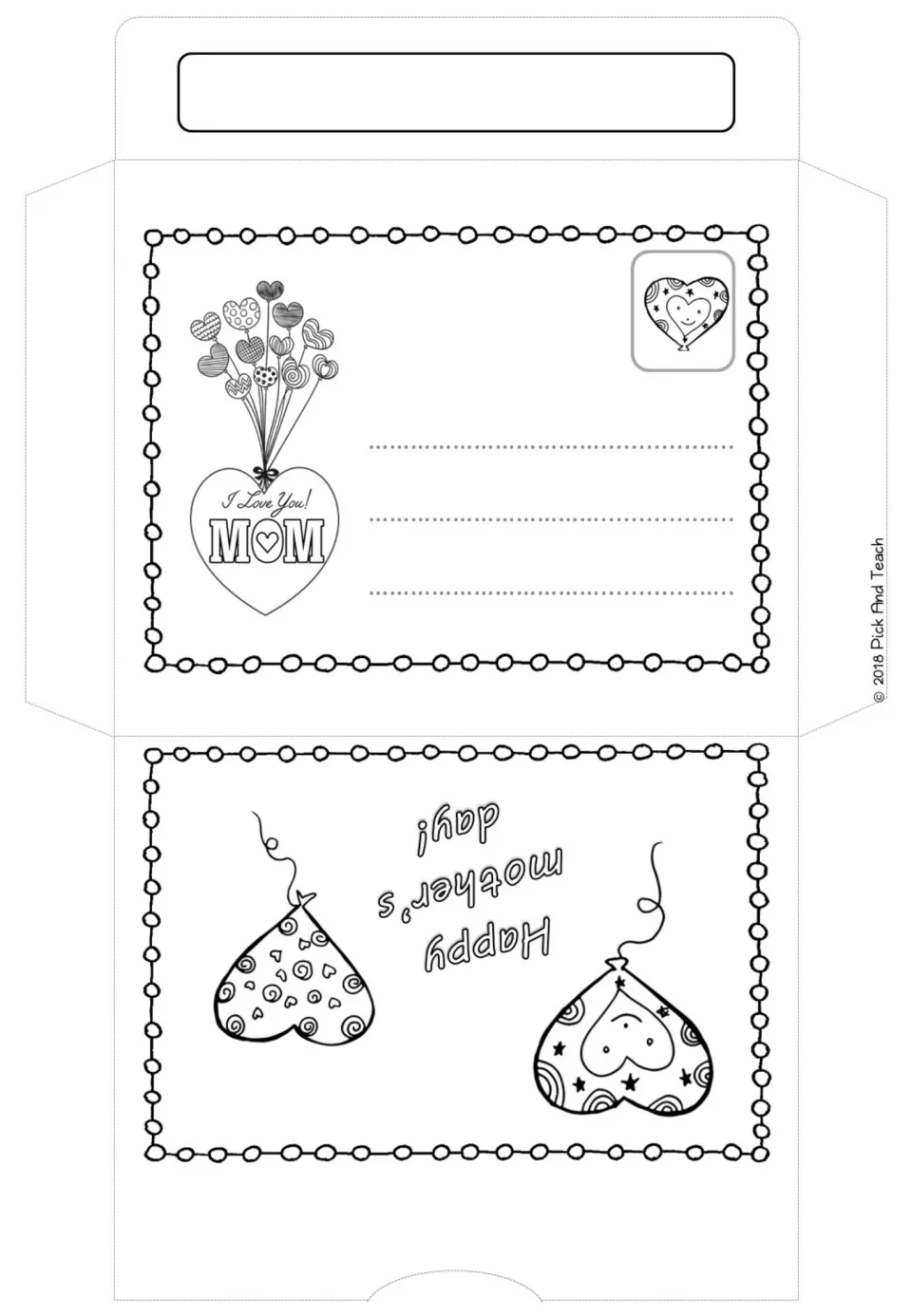 Mother's Day envelope to color, cut and fold: I Love You Mom balloon heart on the front, upside-down Happy Mother's Day flap