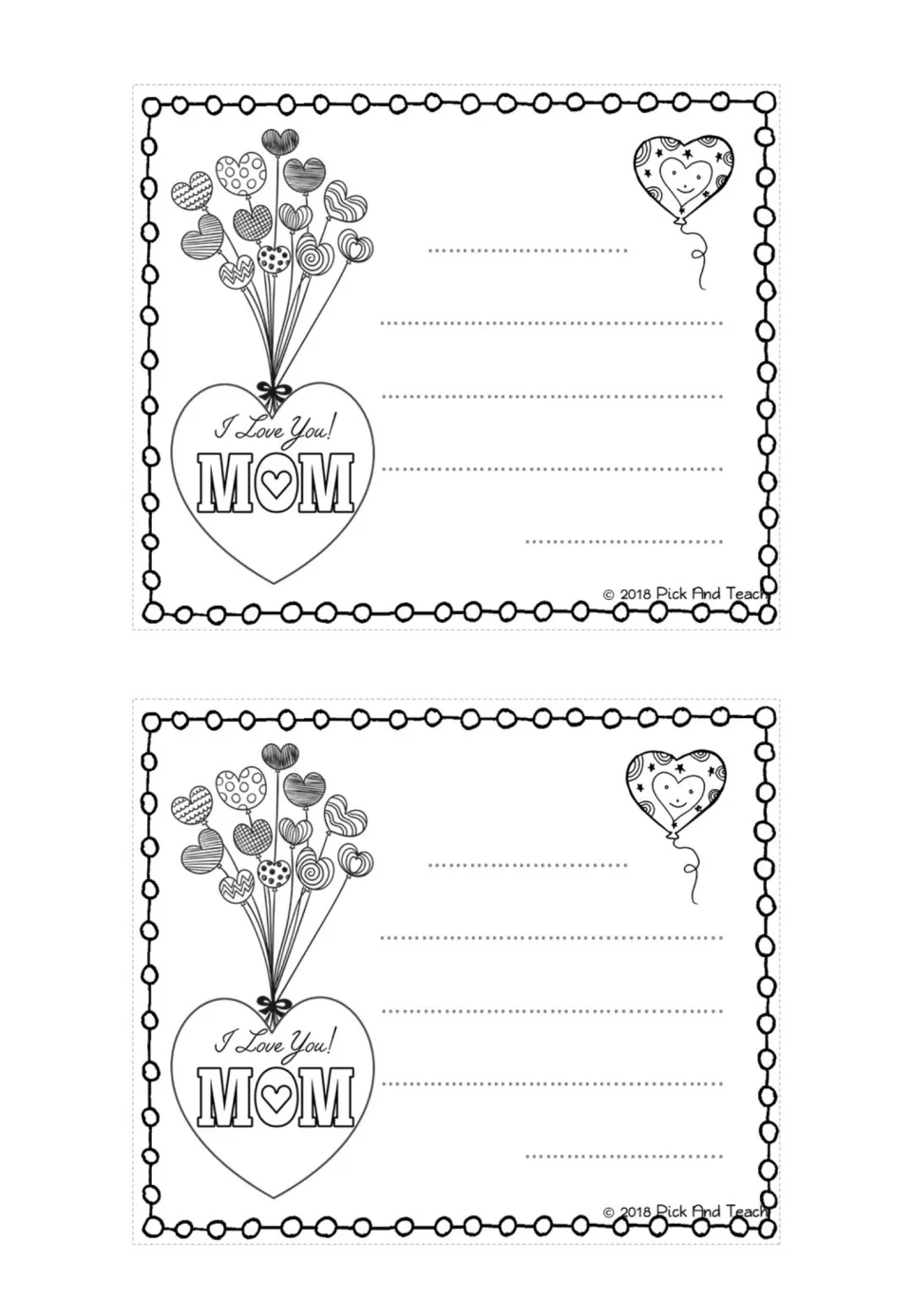 Two I Love You Mom cards to color, each with a heart balloon bouquet and dotted spaces for students to write a note to Mom