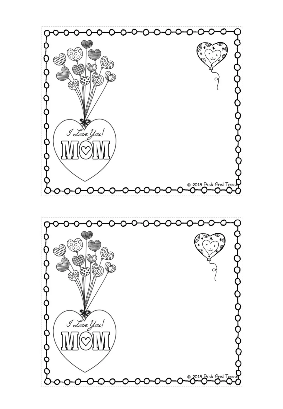 Two I Love You Mom coloring cards with a heart balloon bouquet and open blank space for a drawing or a written message