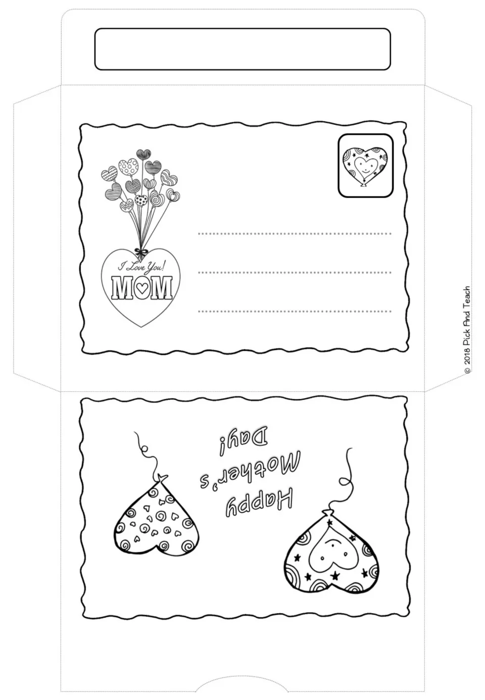 Wavy-edged Mother's Day envelope to color and fold, with an I Love You Mom heart on the front and a Happy Mother's Day! flap