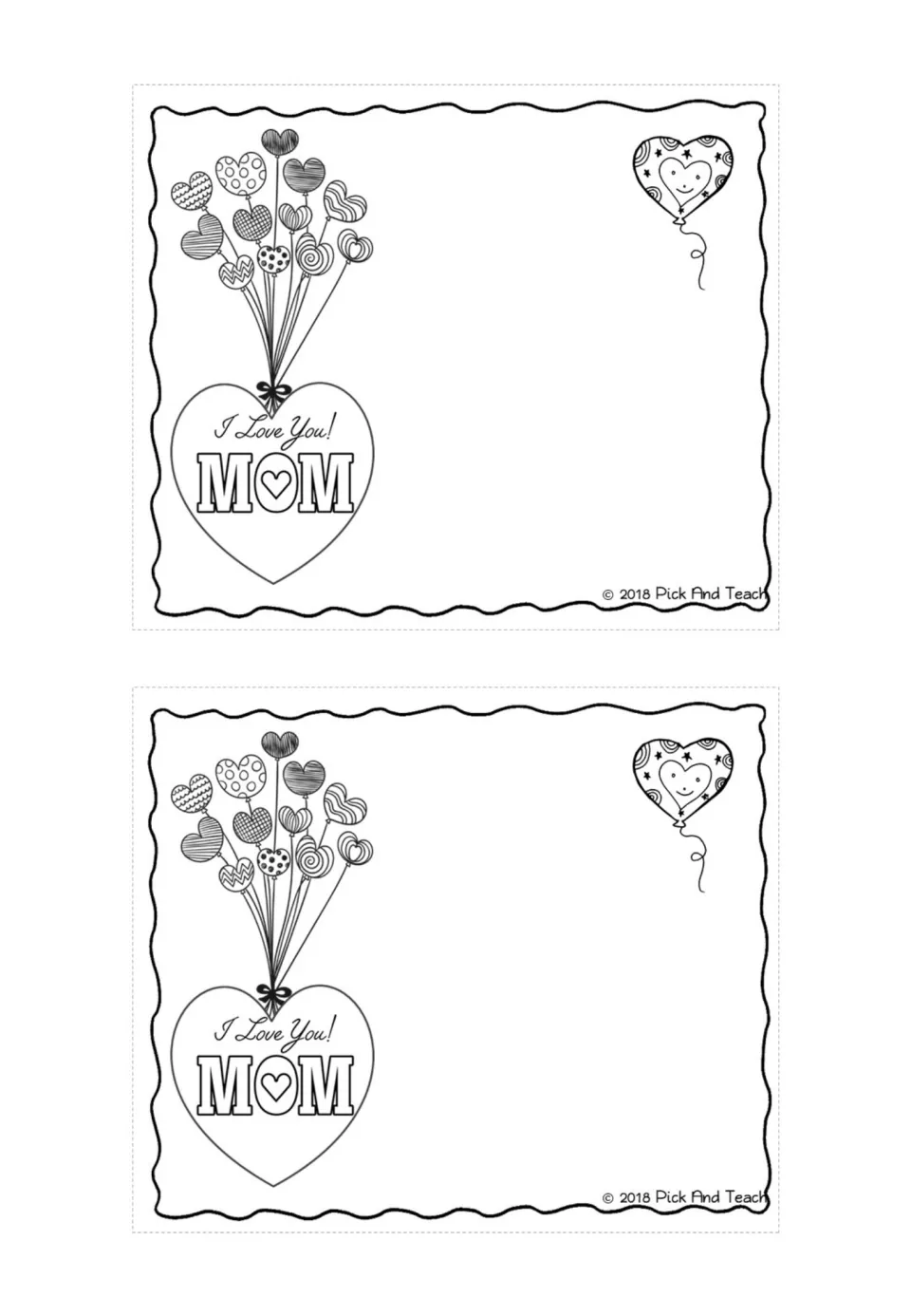 Two wavy-edged I Love You Mom coloring cards with a balloon bouquet and a smiling heart balloon, leaving blank space to fill