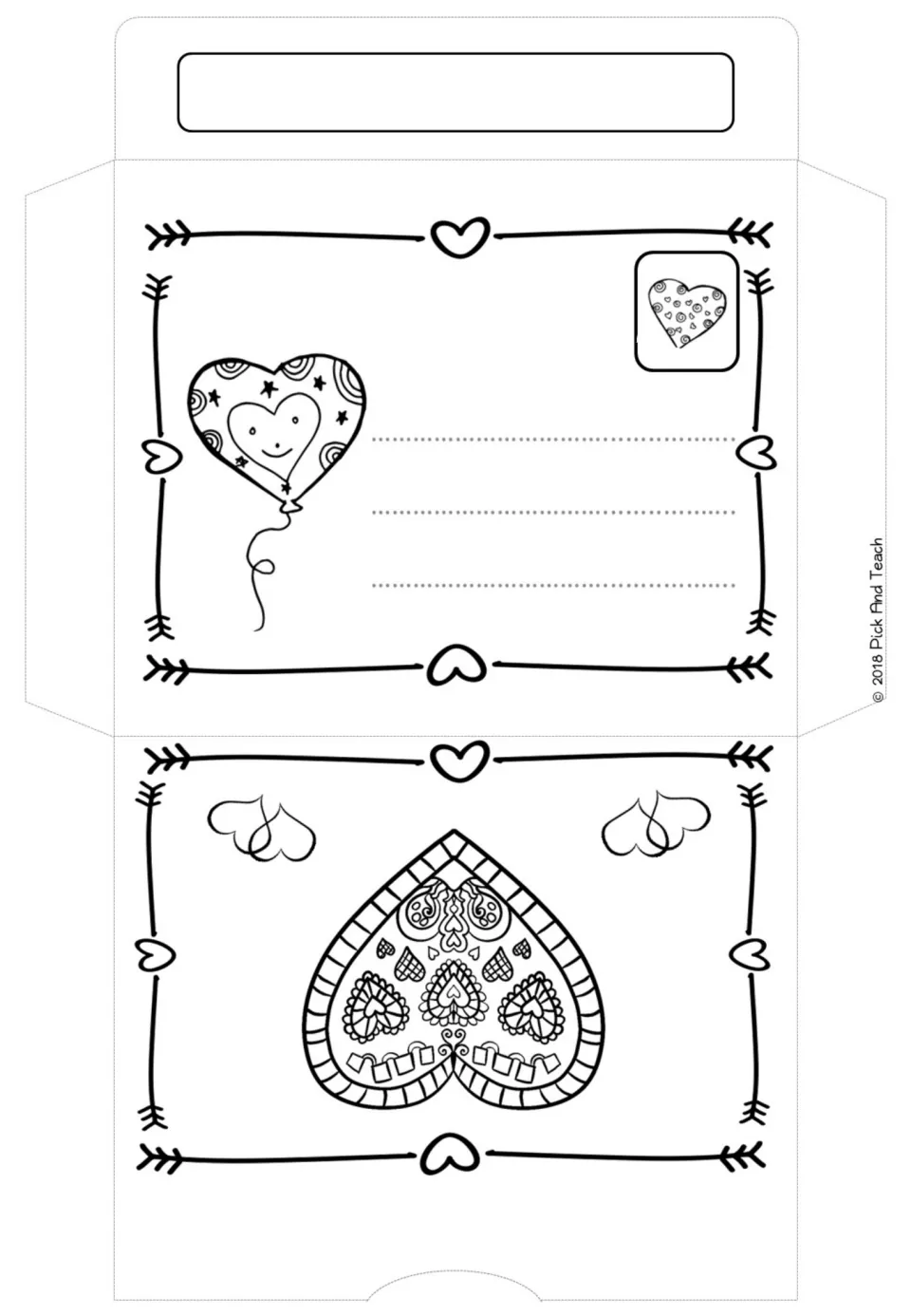 Third Mother's Day envelope to color and fold, with a smiling heart balloon on the front and an ornate heart on the flap