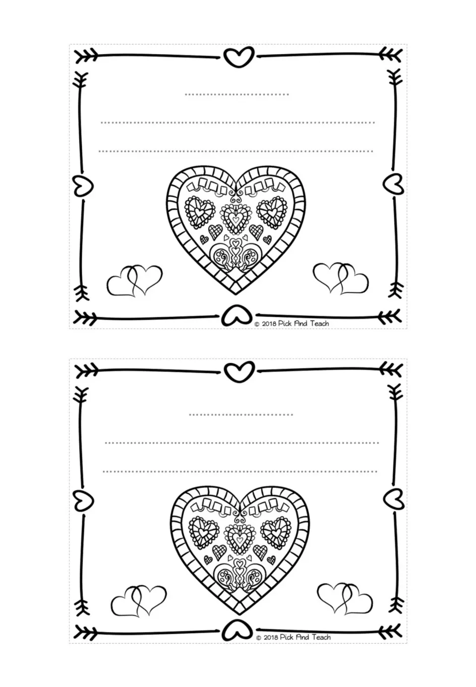 Two Mother's Day cards with an ornate patterned heart and linked hearts to color, plus dotted spaces for a written note