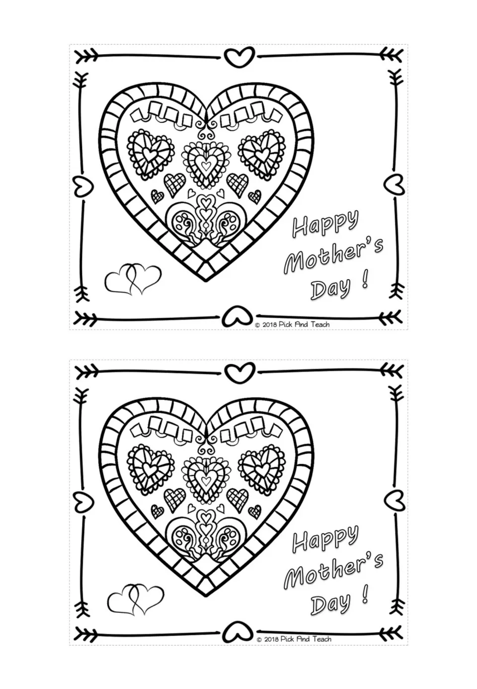 Two Happy Mother's Day! coloring cards, each with a large ornate patterned heart and outlined greeting letters to color in