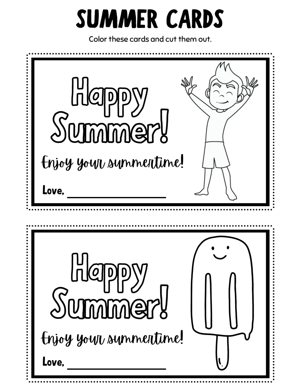 Summer coloring cards 1–2: a cheering boy and a smiling popsicle, each saying 'Happy Summer!'