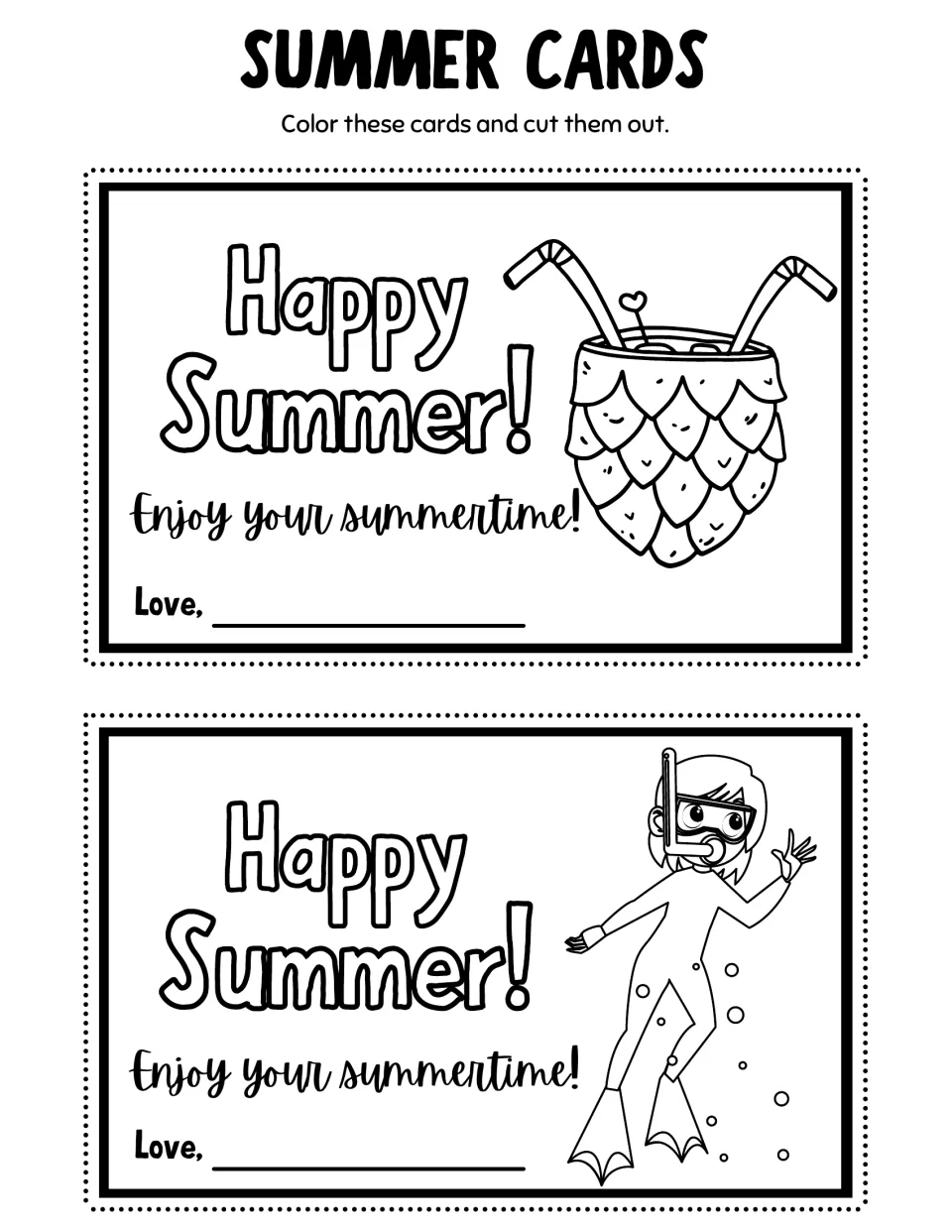 Summer coloring cards 3–4: a pineapple drink and a girl wearing snorkeling gear, with 'Happy Summer!'