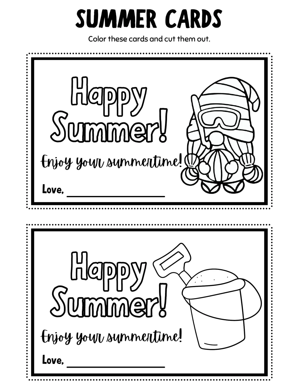 Summer coloring cards 5–6: a snorkeling gnome holding a beach ball and a sand bucket, with 'Happy Summer!'