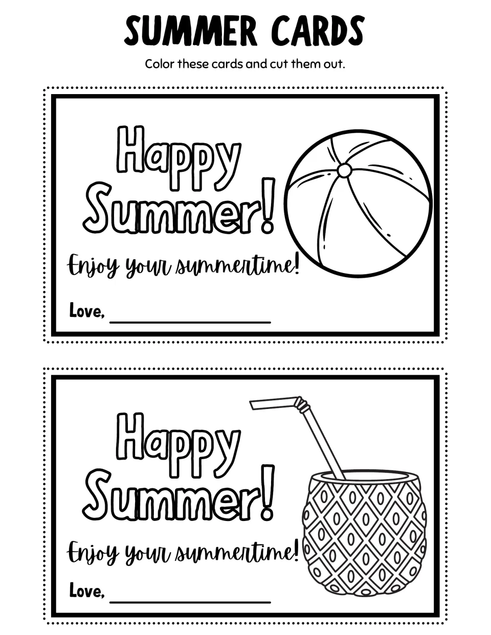 Summer coloring cards 7–8: a beach ball and a patterned drink cup with a straw, each saying 'Happy Summer!'