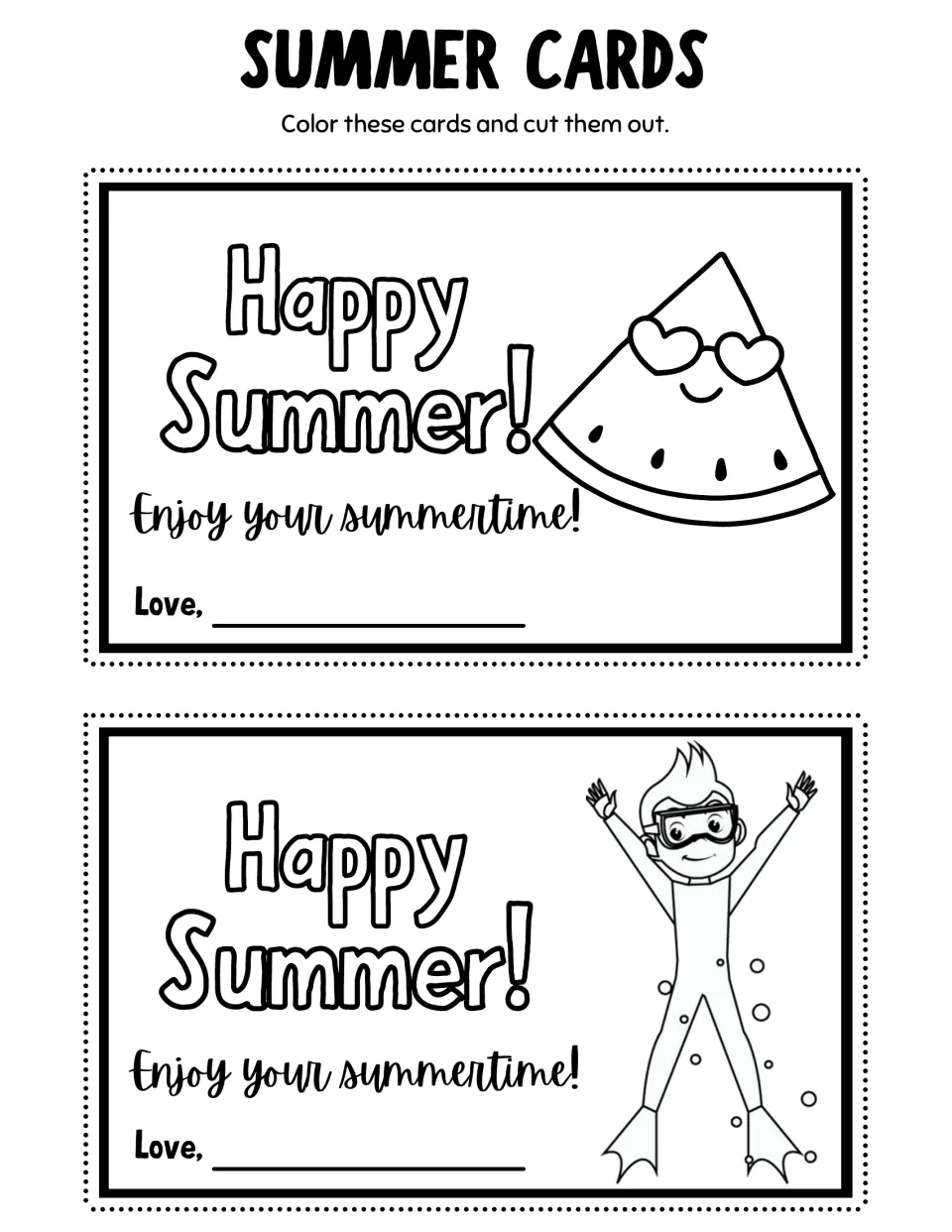 Summer coloring cards 9–10: watermelon wearing sunglasses and a boy in swim gear, with 'Happy Summer!'