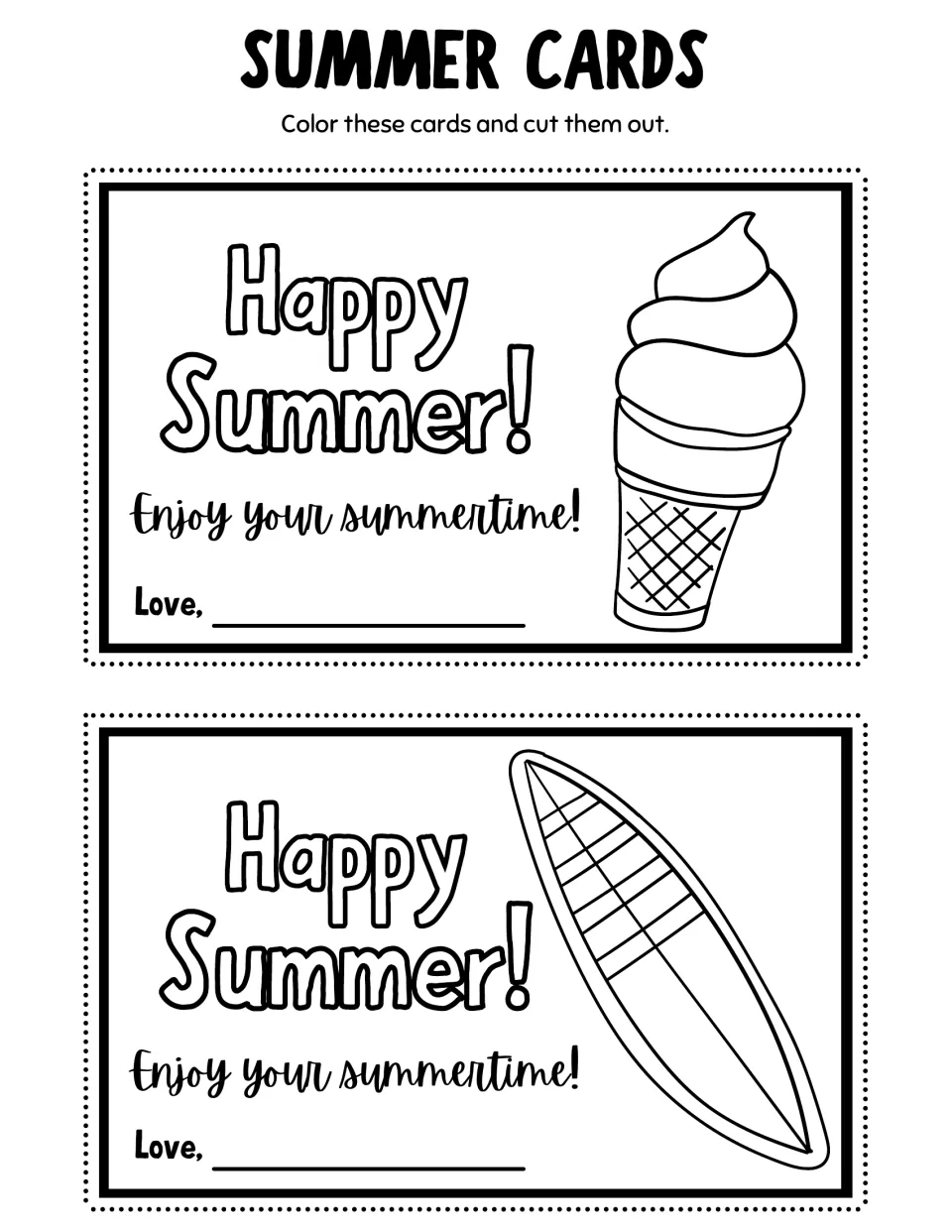Summer coloring cards 11–12: a soft-serve ice cream cone and a surfboard, each saying 'Happy Summer!'