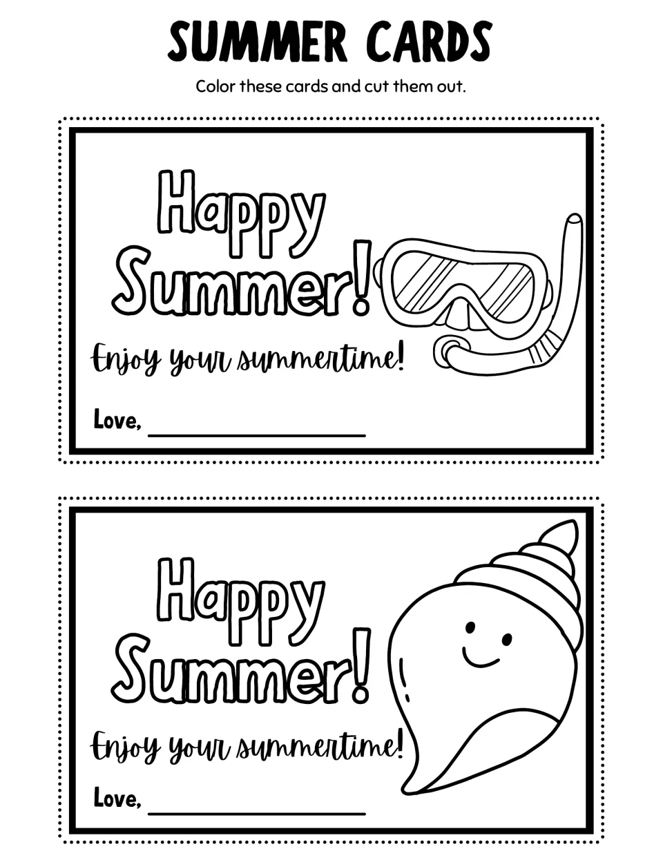 Summer coloring cards 13–14: a snorkeling mask and a smiling seashell, each saying 'Happy Summer!'