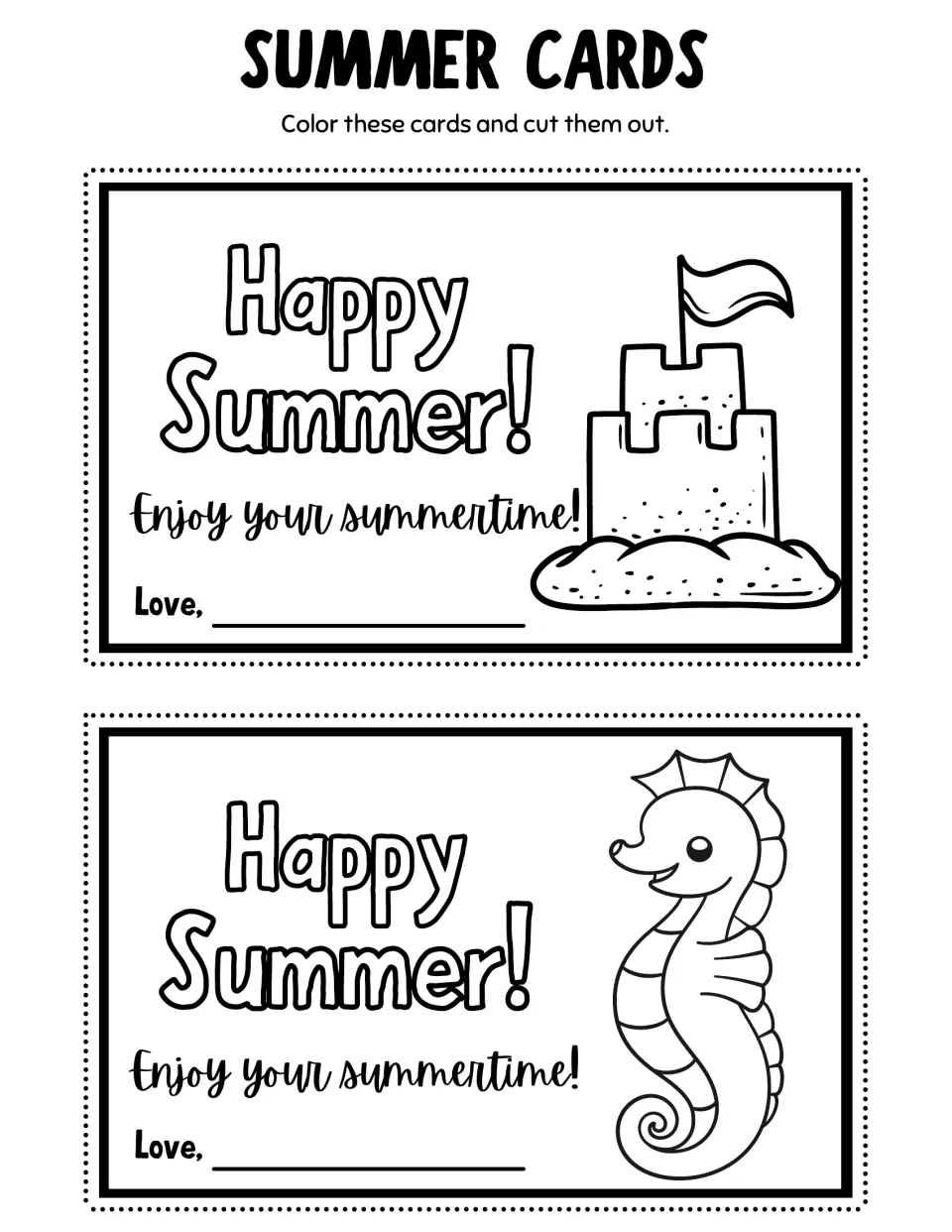 Summer coloring cards 15–16: a sandcastle with a flag and a seahorse, each saying 'Happy Summer!'