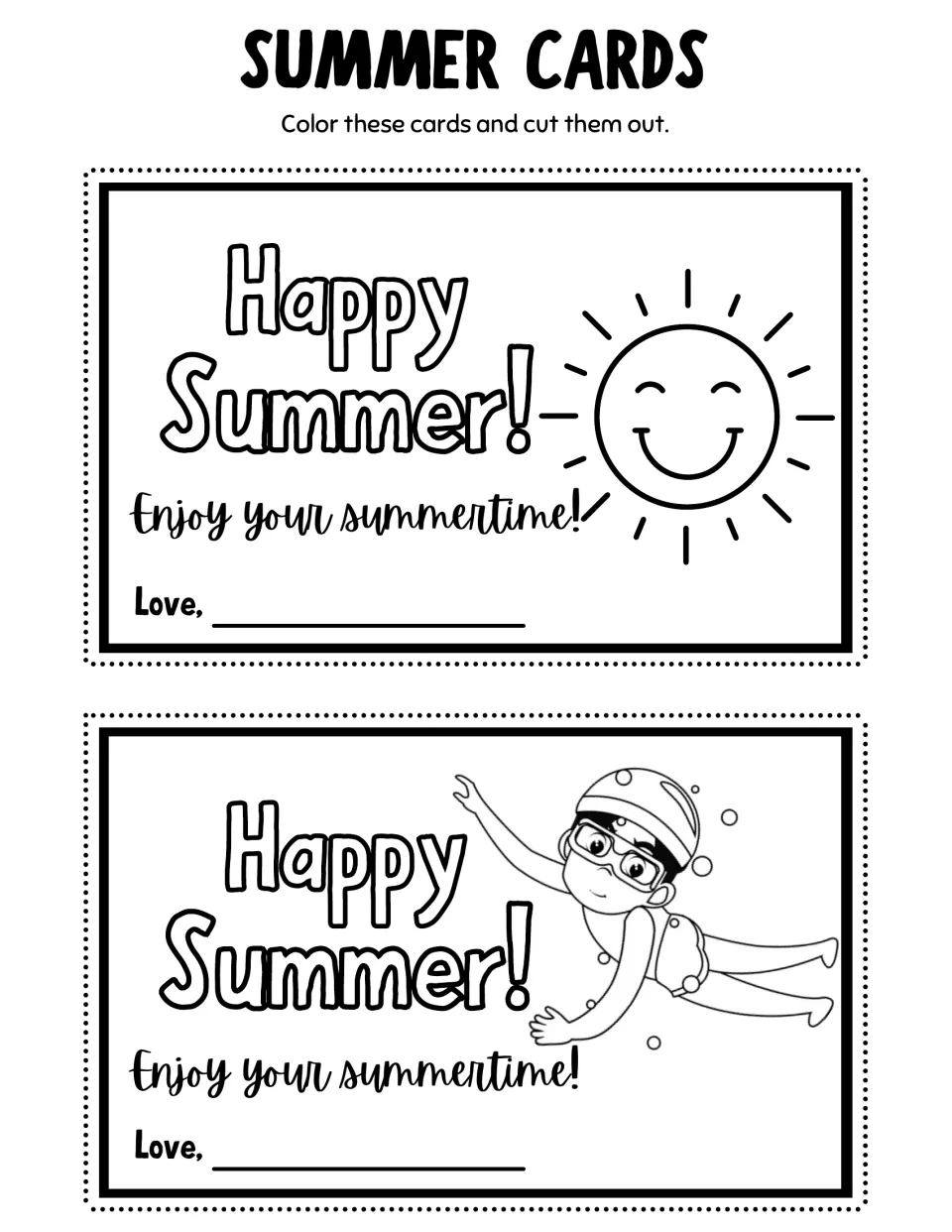 Summer coloring cards 17–18: a smiling sun and a child swimming in goggles, each saying 'Happy Summer!'