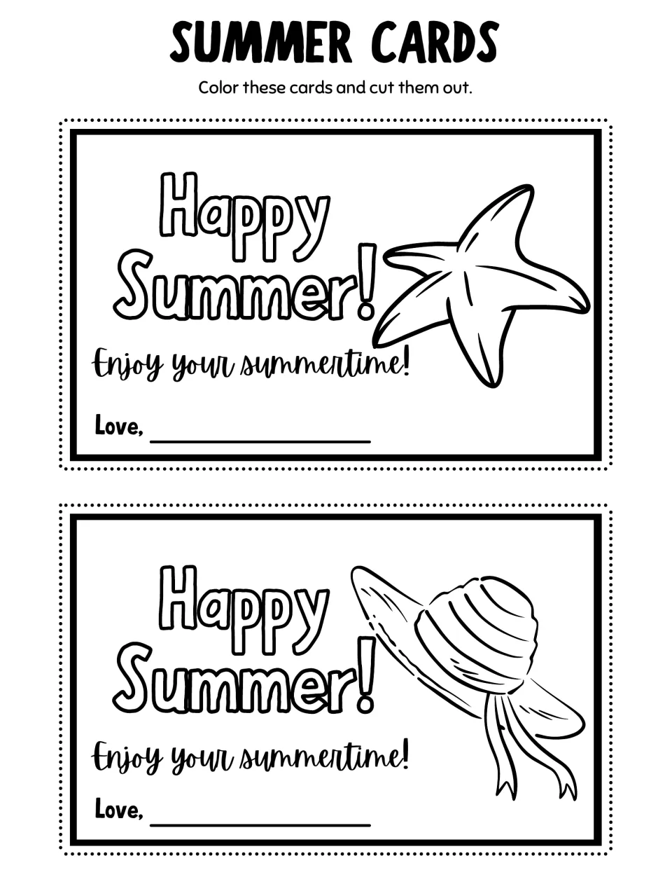 Summer coloring cards 19–20: a starfish and a sun hat tied with a ribbon, each saying 'Happy Summer!'