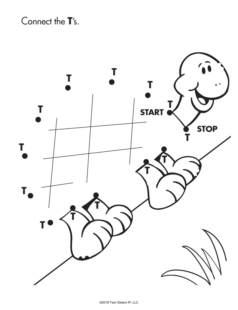 Letter T recognition: students connect the T dots from START to STOP near a smiling caterpillar on a branch