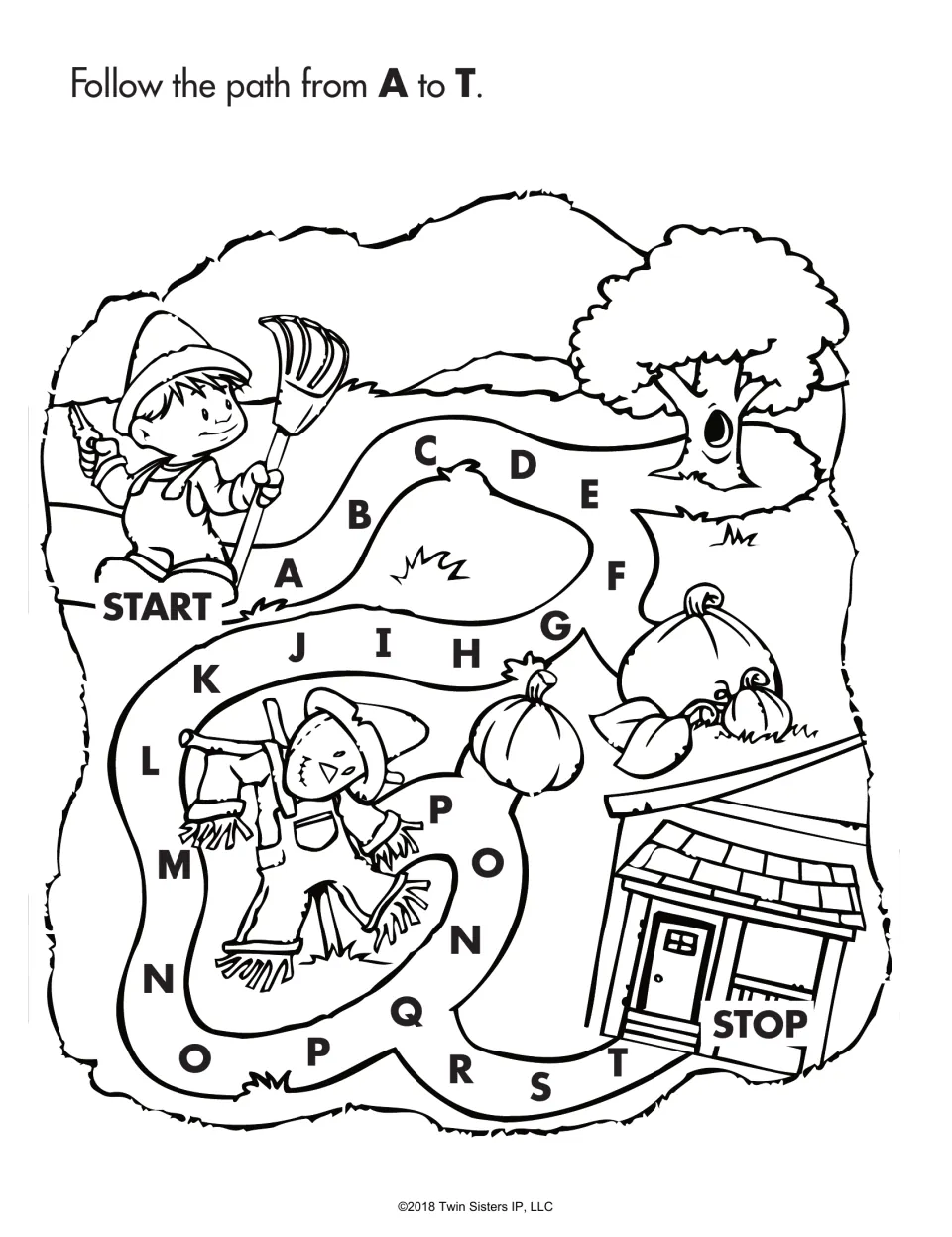 Alphabet maze: students follow the lettered path from A to T past a farm boy, scarecrow and pumpkins to a house