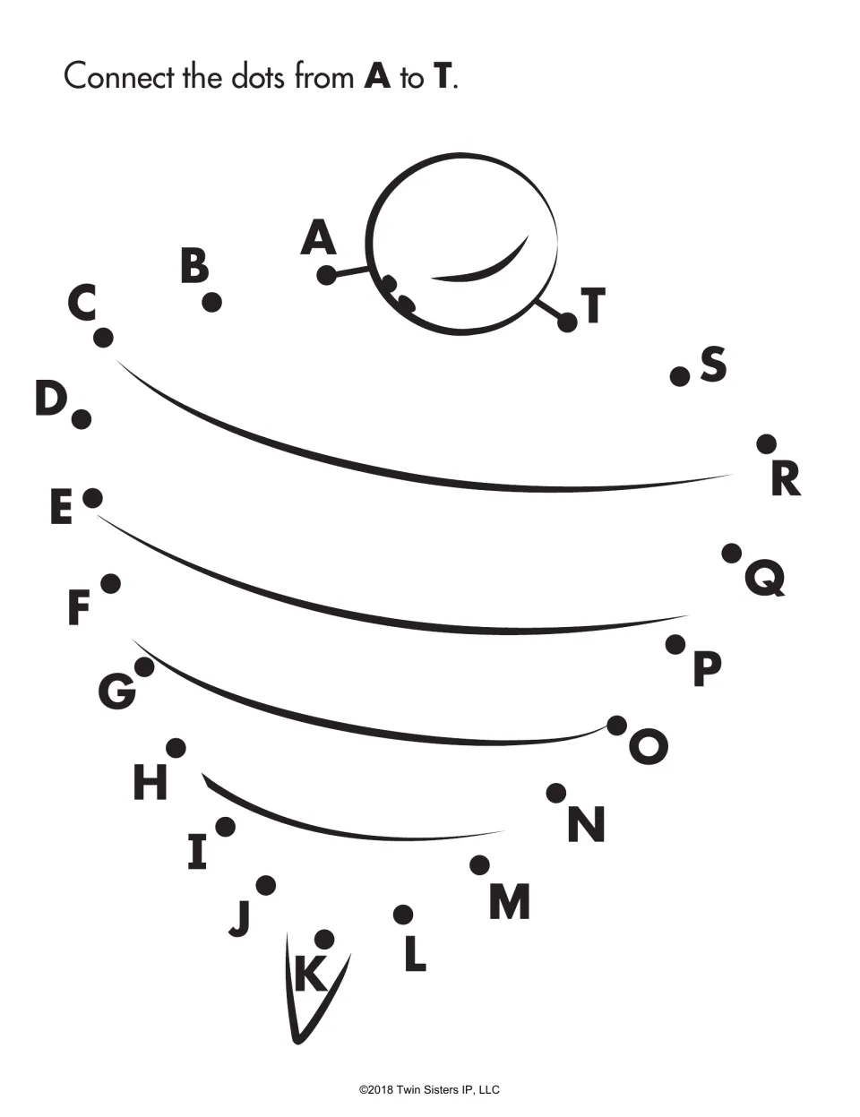 Alphabetical dot-to-dot: students connect the dots from A to T to finish drawing a striped bug with antennae