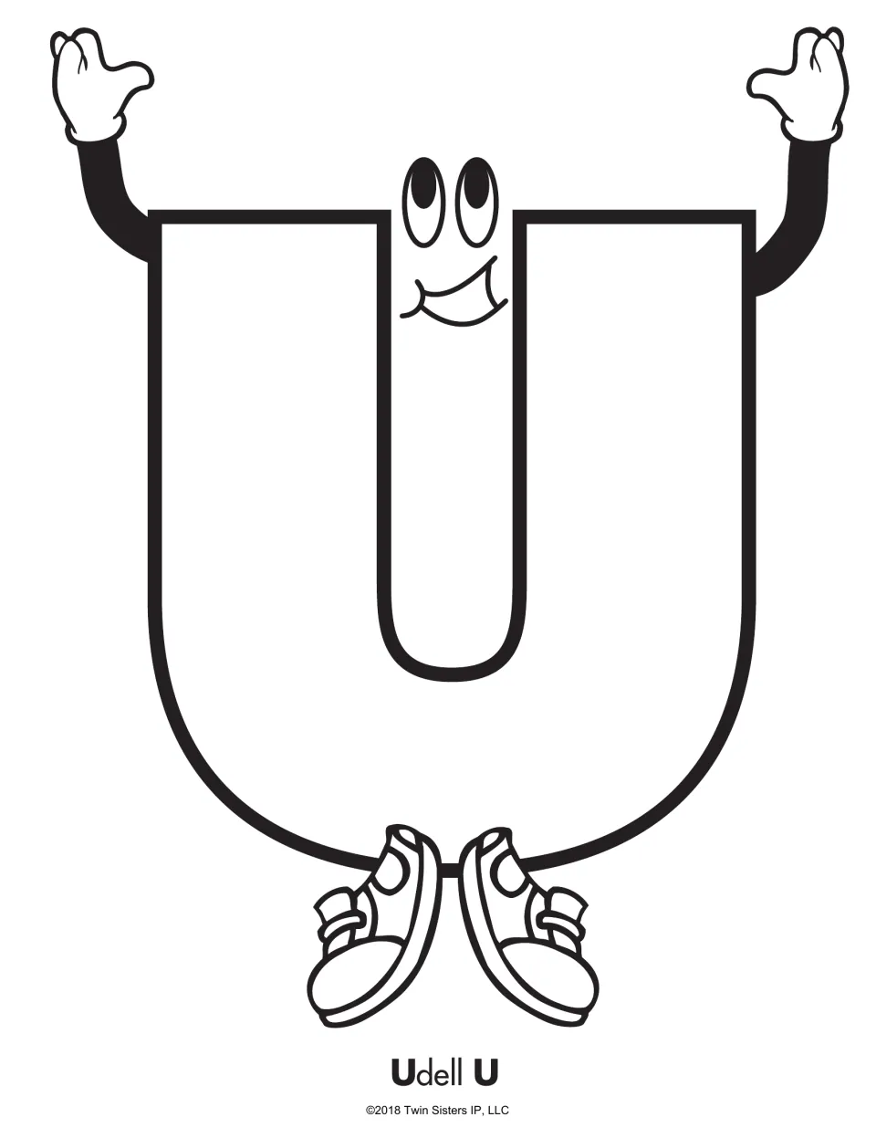 Udell U coloring page: a large letter U character with a smiling face, raised gloved hands and sneakers to color